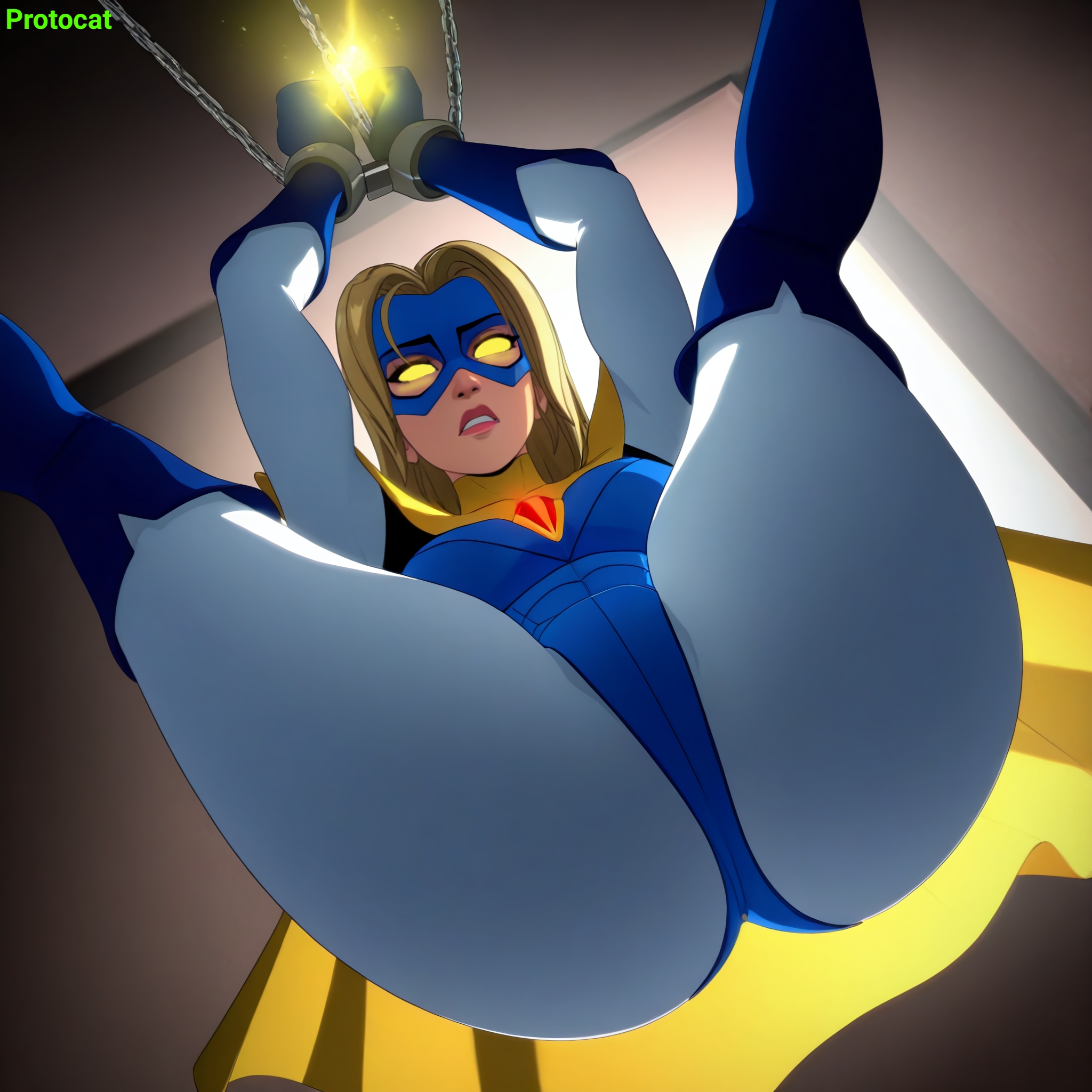 1girls, ai assisted, ai generated, angry, angry face, ass, ass focus, big ass, blonde blazer, blonde female, blonde hair, blue thigh boots, bondage, bound, bound wrists, butt focus, cape, chained wrists, cuff (restraint), curvy, curvy figure, defeated heroine, dispatch (game), female, gloved hands, gloves, glowing, glowing eyes, half mask, held up, large butt, legs apart, legs up, low-angle view, mask, masked female, multicolored bodysuit, multicolored clothing, protocat, restrained, solo, solo female, standing, superhero, superhero costume, superheroine, thick ass, thick thighs, thigh boots, tight clothing