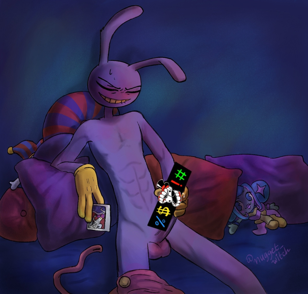 anthro, bed, bunny, censored, censored penis, color, furry, glitch productions, jax (the amazing digital circus), male only, masturbation, nugget witch, penis, polaroid, the amazing digital circus