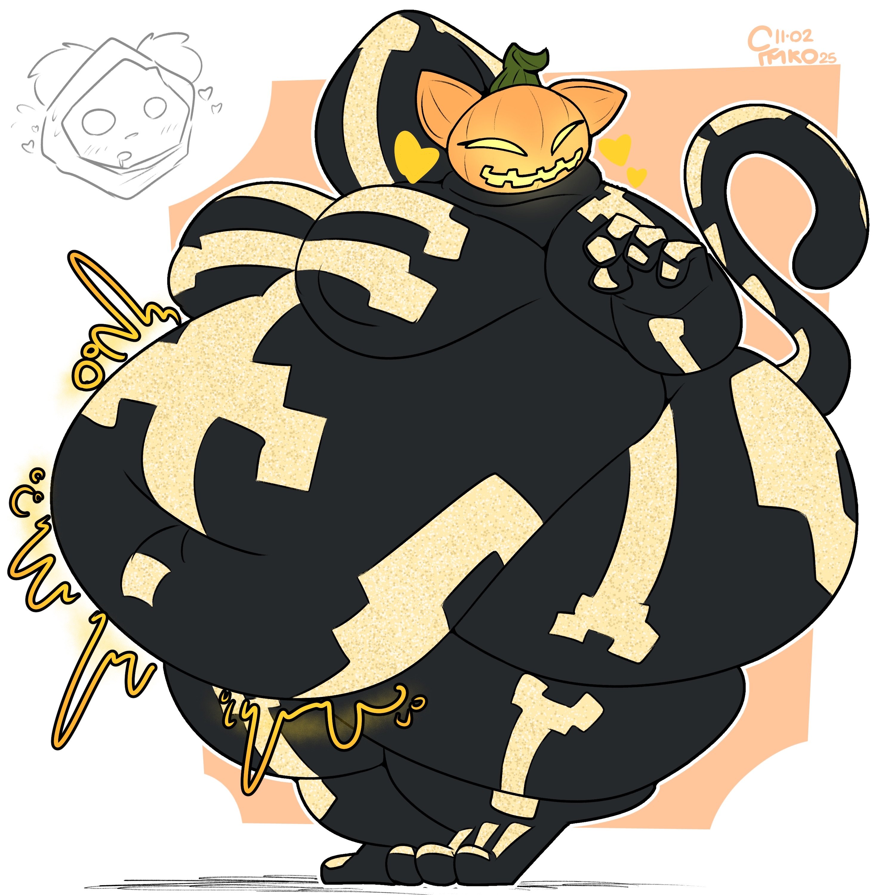 1girls, 3 toes, 4 fingers, anthro, artist signature, bbw, bedroom eyes, belly, belly overhang, big belly, blush, breasts, cat girl, drooling, epic games, fat, fat arms, fat female, fat fur, fat thighs, fatfur, feline, female, female only, fortnite, furry, gurgling belly, hand behind head, heart symbol, motion lines, navel, nipple bulge, obese, obese female, offscreen character, overweight, overweight female, posing, pumpkin head, raven team leader, segmented stomach, solo, spice (fortnite), tail, thick thighs, wide eyed, ymkoderg