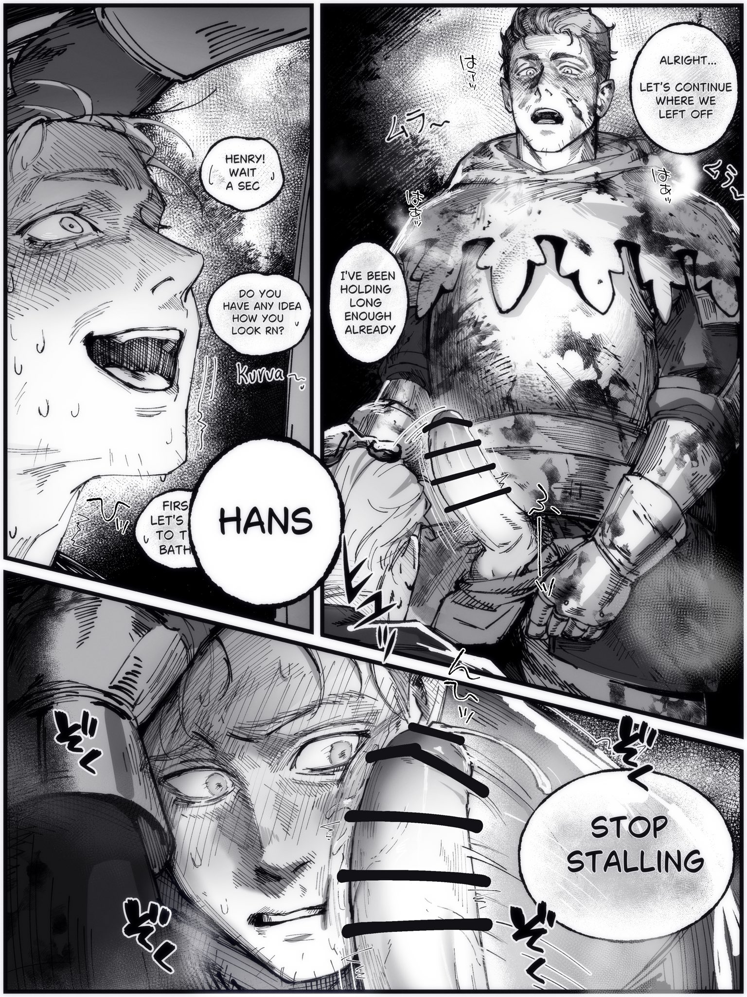 balls, bara, big balls, big penis, censored, clothing, cum, english text, erection, genital fluids, hans capon (kingdom come: deliverance), henry (kingdom come: deliverance), kingdom come: deliverance (franchise), kingdom come: deliverance ii, male, male only, muscular male, penis, pp46  , text, yaoi