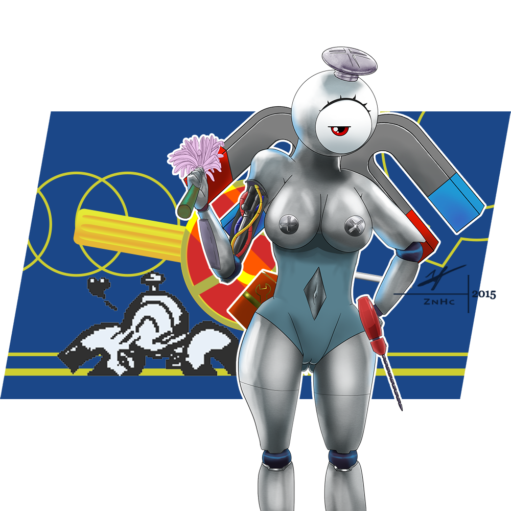 2015 anthro breasts fan_character female looking_at_viewer machine magnemite mecha nintendo nude pokemon pussy robot solo video_games znhc