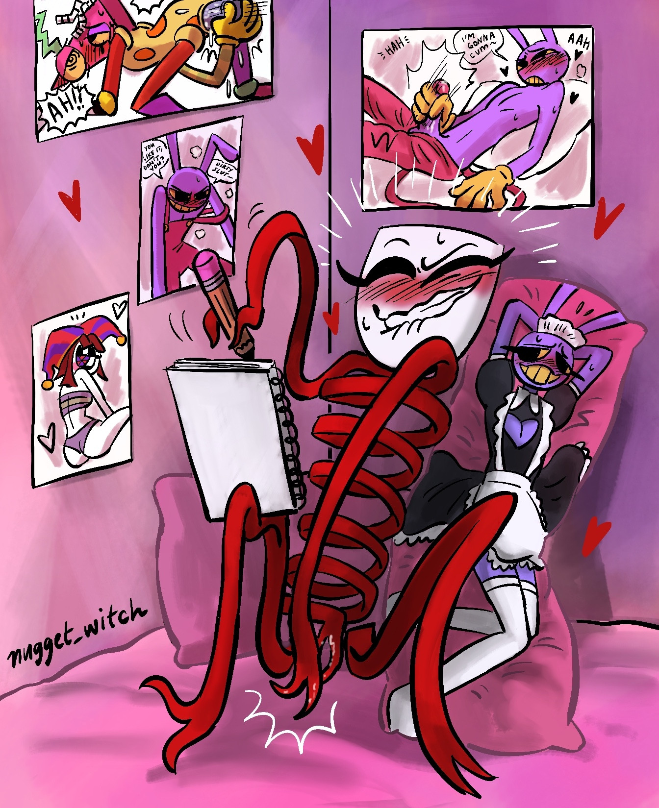 1girls, blush, body pillow, dialogue, dildo, dildo in pussy, drawing (action), fanart, female, female only, gangle (the amazing digital circus), glitch productions, jax (the amazing digital circus), looking pleasured, maid headdress, maid jax (the amazing digital circus), maid outfit, masturbation, nugget witch, pencil, pomni (the amazing digital circus), pornography, pussy juice, sketch, sketchbook, the amazing digital circus, vaginal penetration, zooble (the amazing digital circus)