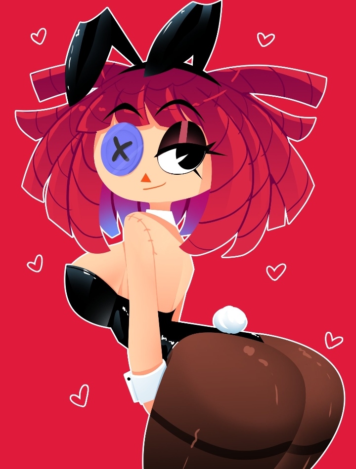 1girls, 2025, 2d, ass, big ass, big thighs, black leotard, bubble butt, bunny ears, bunny girl, bunnysuit, doll, fanart from twitter, female, glitch productions, hearts, leotard, light skin, no ai, pantyhose, playboy bunny, ragatha (the amazing digital circus), ragdoll, red background, red hair, round ass, short hair, sideboob, solo, strapless leotard, the amazing digital circus, thighs, twitter link, western cartoon, xan-gelx (xan)