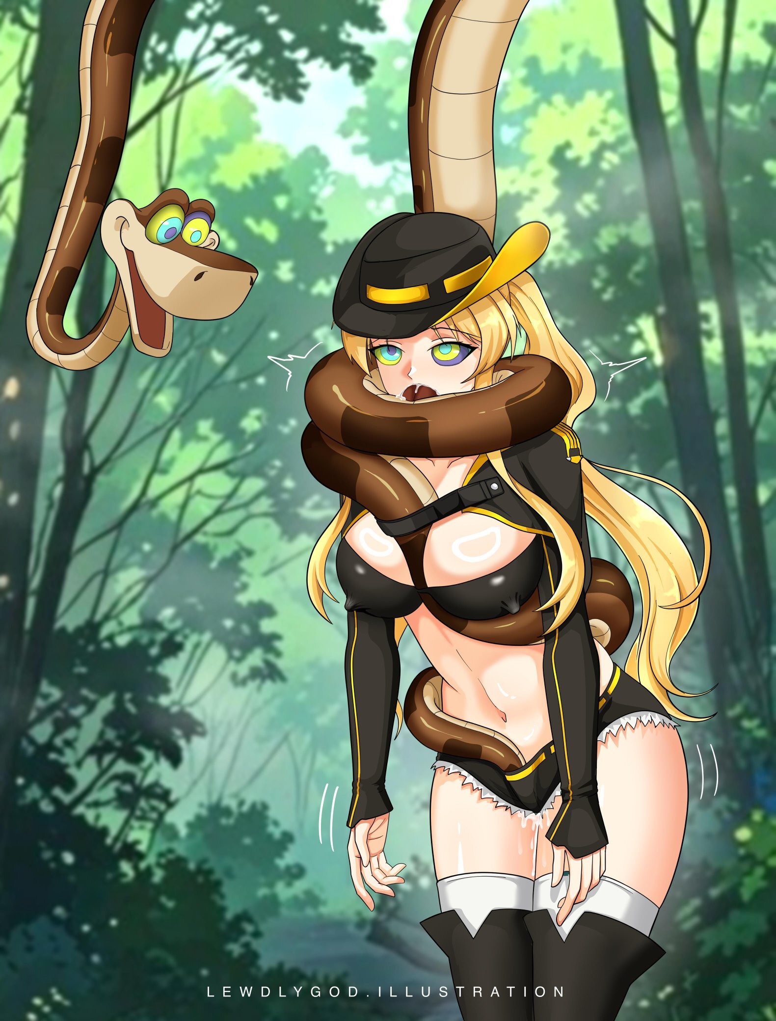 azur lane, blonde hair, breasts, coils, complex background, cowgirl, crossover, crotch rub, cum, disney, erect nipples, erect nipples under clothes, fellatio, femsub, fingering partner, fingering pussy, hat, heterosexual, hornet (azur lane), hypnosis, hypnotic eyes, interspecies, kaa, kaa eyes, large breasts, leaning forward, lewdlygod, long hair, male, maledom, midriff, mind control, navel, nipple bulge, nipples, nipples visible through clothing, open mouth, outdoors, penis, plant, pussy juice, ringed eyes, sex, simulated paizuri, smile, snake, snake bestiality, snake in pussy, snake insertion, snake penis, tail, tail penetrating, tail sex, the jungle book, thick thighs, thighhighs, thighs, trees, zoophilia