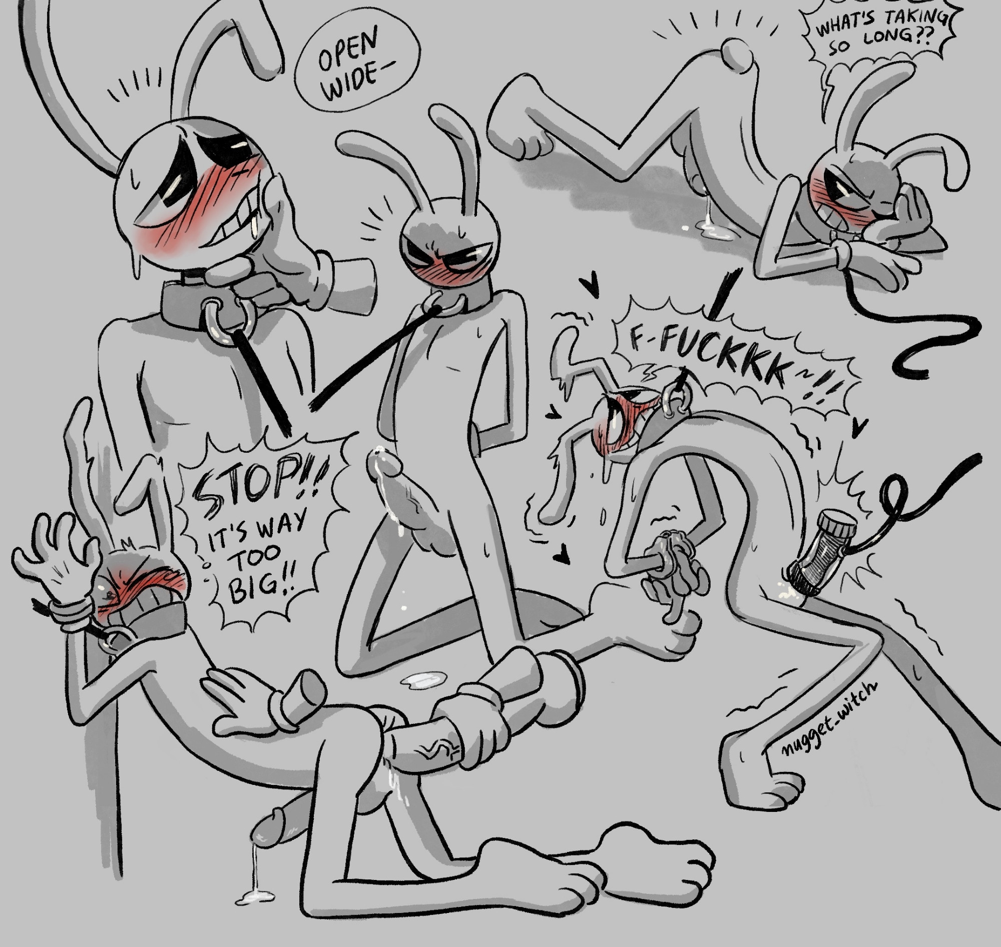 anal, blush, bondage, collar, cum, dialogue, face down ass up, feet, gay, glitch productions, handcuffs, jax (the amazing digital circus), male, milking machine, nude male, nugget witch, paws, precum, the amazing digital circus
