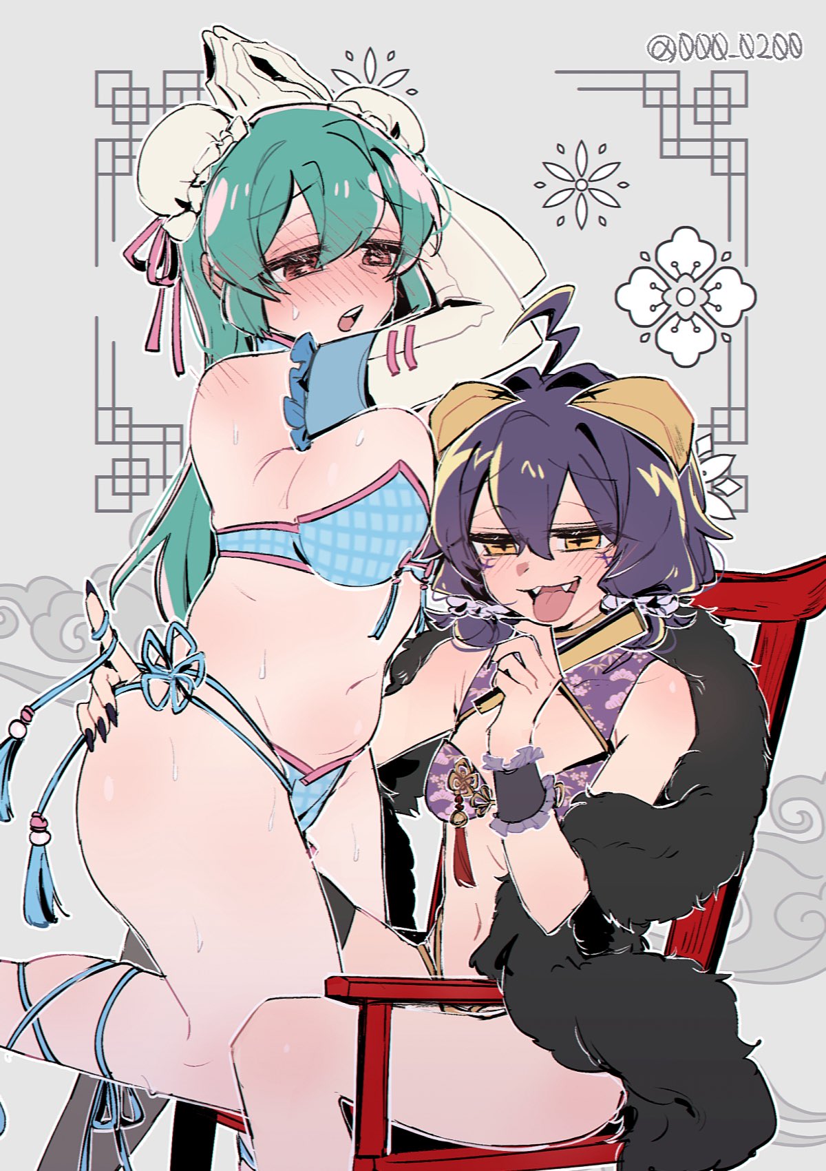 2girls, ahoge, an sin, ass, bangs, big ass, big breasts, big butt, big thighs, black hair, black nails, blue hair, blush, blush lines, blushed face, breasts, bridal gauntlets, buns, butt blush, cute fang, elbow gloves, female, female only, gloves, gushing over magical girls, hair, hair bun, hair ornament, hairbow, hiiragi utena, hips, japanese clothes, kimono, long hair, magia azul, magia baiser, mahou shoujo ni akogarete, masochism, masochistic female, minakami sayo, nail polish, one eye closed, painted nails, panties, pussy, skindentation, sleeves past fingers, sleeves past wrists, spiral eyes, star pasties, thick thighs, thighhighs, thighs, thong, unaligned breasts, yellow eyes, yuri