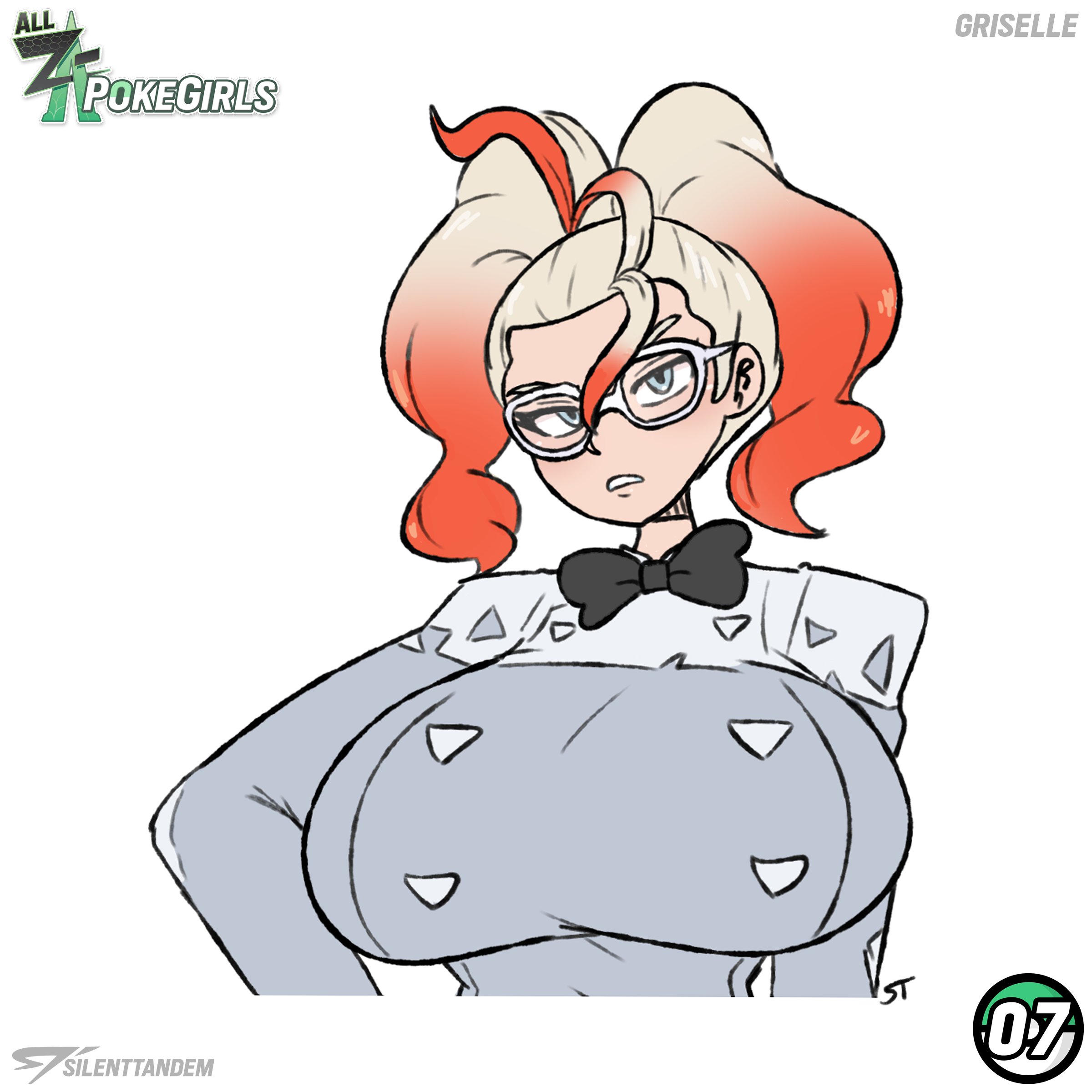 1girl, 1girls, artist name, big breasts, blonde hair, blue eyes, bow, bowtie, breasts, female, female only, glasses, grise (pokemon), griselle (pokemon), huge breasts, large breasts, looking at viewer, multicolored hair, parted lips, pokemon, pokemon legends: z-a, red hair, silenttandem, solo, twintails