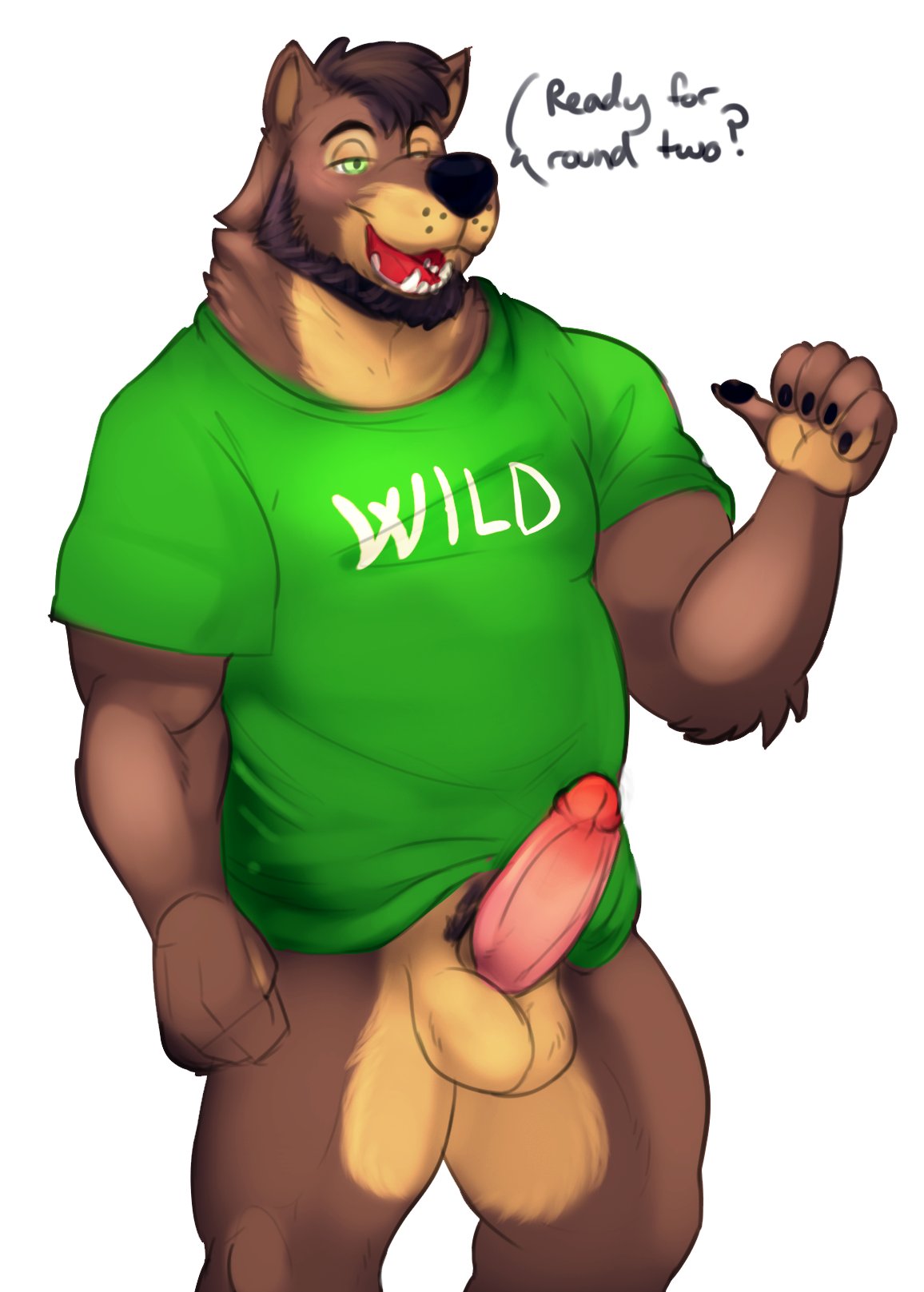 balls bottomless canine clothed clothing colored erection hi_res horrorbuns male male_only mammal muscular penis shirt simple_background solo white_background wolf