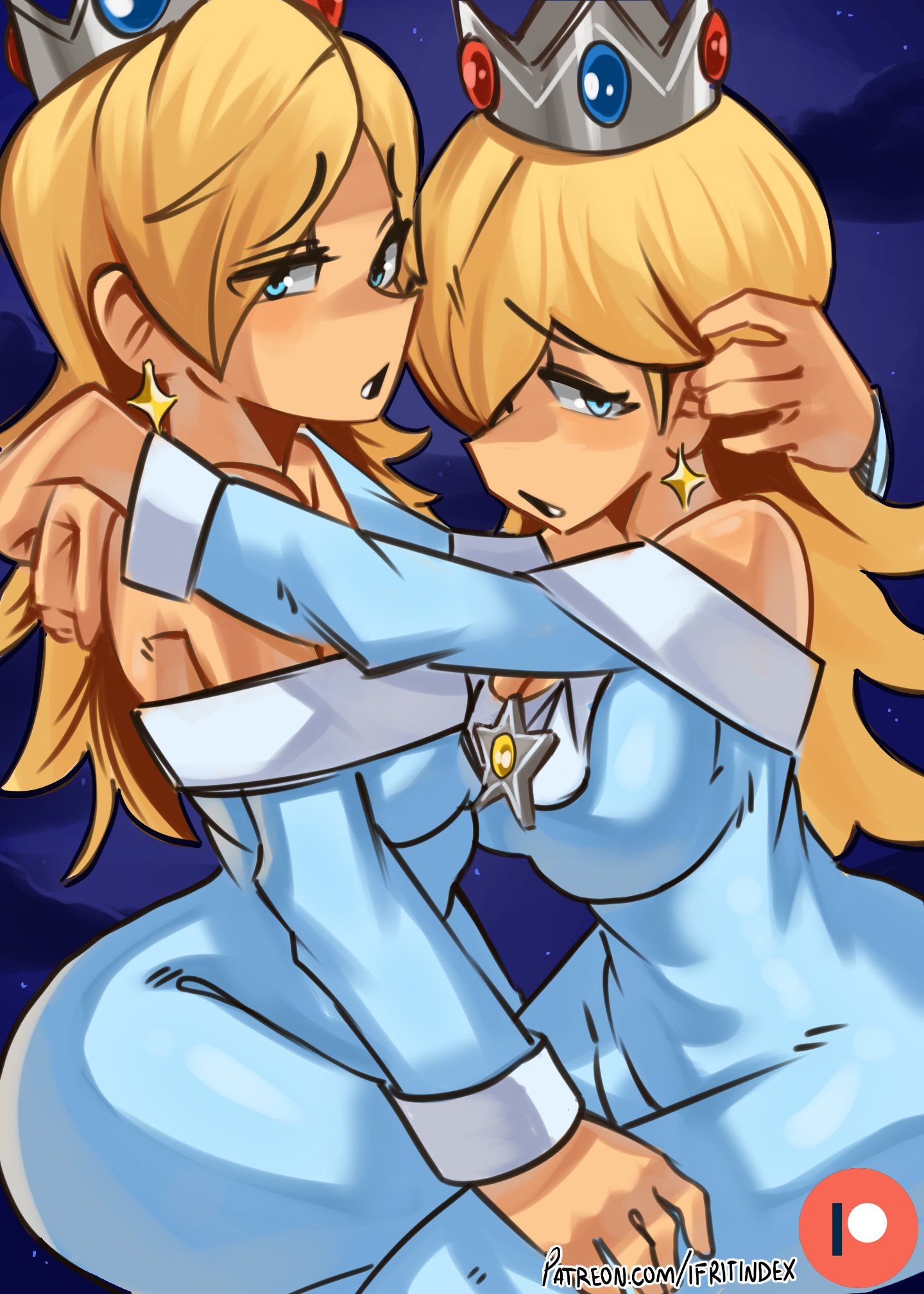 2girls, bare shoulders, big breasts, blue dress, blush, blush lines, breast press, breasts, breasts to breasts, breasts touching, clone, crown, double cherry, dress, eyeshadow, female, female focus, female only, female/female, jpeg, large breasts, light skin, light-skinned female, long blonde hair, looking pleasured, makeup, mario (series), moxydraws, moxydrawsmore, nintendo, patreon logo, princess dress, princess rosalina, selfcest, super mario 3d world, super mario galaxy, super mario galaxy (2026 film), yuri