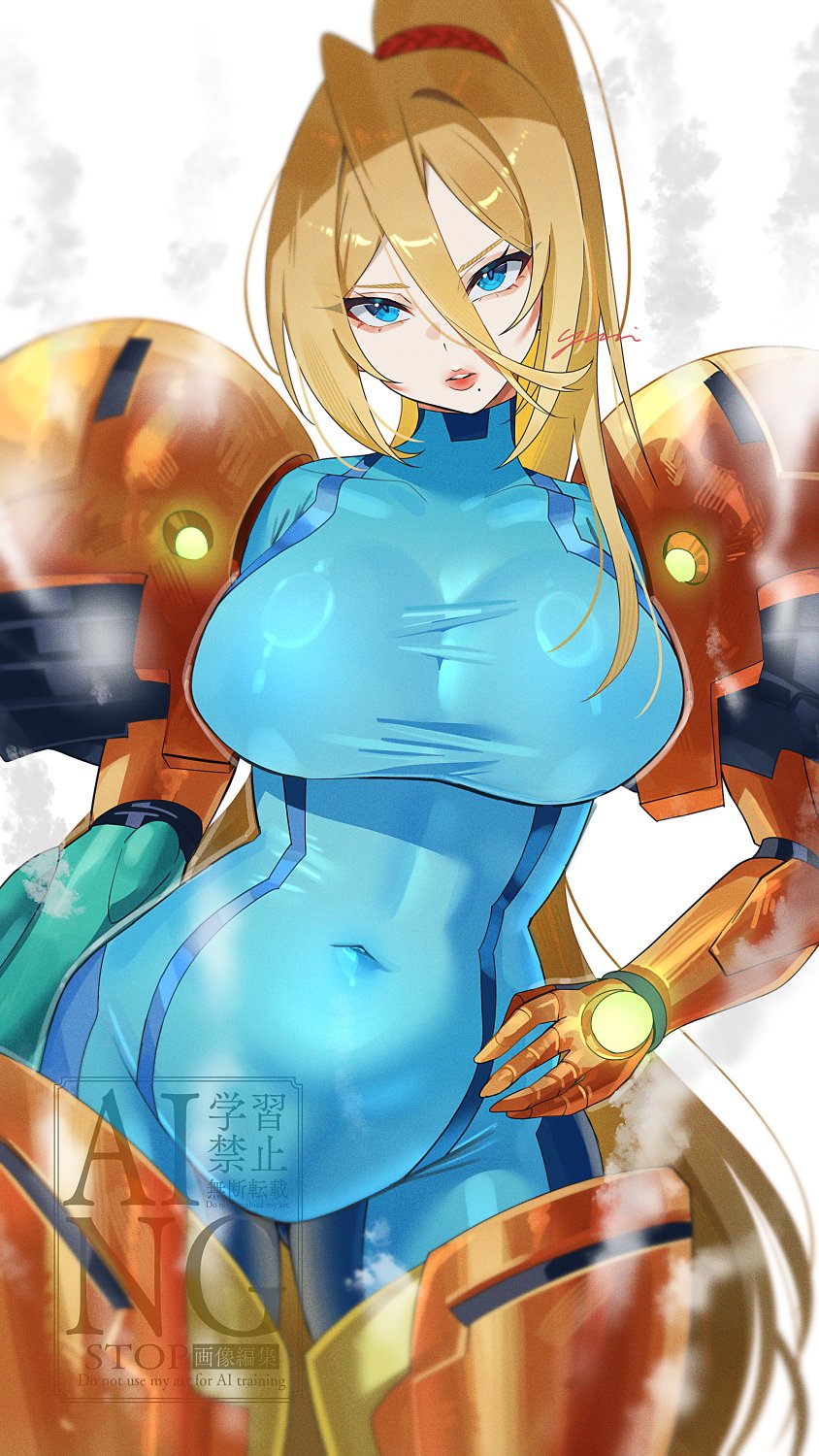 arm cannon, armor, armored samus, blonde hair, blue bodysuit, blue eyes, bodysuit, breasts, curvy, curvy female, female, hand on own hip, high ponytail, highres, hips, huge breasts, large breasts, looking at viewer, metroid, mole, mole under mouth, navel, ponytail, power armor, power suit (metroid), samus aran, skin tight, thighs, tight clothing, weapon, white background, yasaikakiage, zero suit, zero suit samus