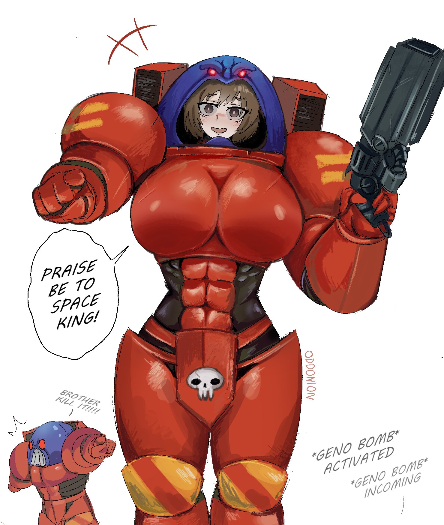 1boy, 1girls, abs, armor, breast armor, breasts, brown eyes, brown hair, captain (space king), english text, female focus, holding gun, huge breasts, looking at viewer, matching hair/eyes, muscular female, oddonion, open mouth, pointing at another, red armor, shiny armor, short hair, skull, smile, solo focus, space king, star defender, white background