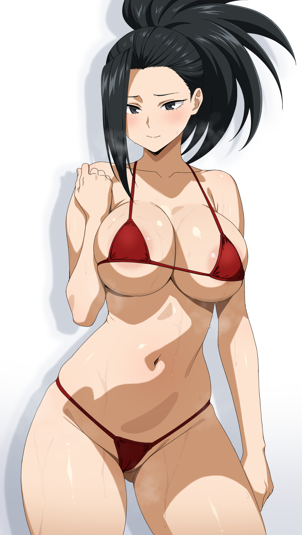 1girls, areola slip, ass, big ass, big breasts, bikini, black eyes, black hair, black-haired female, blush, breasts, female, female focus, female only, fuooooo, looking at viewer, momo yaoyorozu, my hero academia, navel, ponytail, smile, solo, solo female, solo focus, sweat, swimsuit, thick thighs