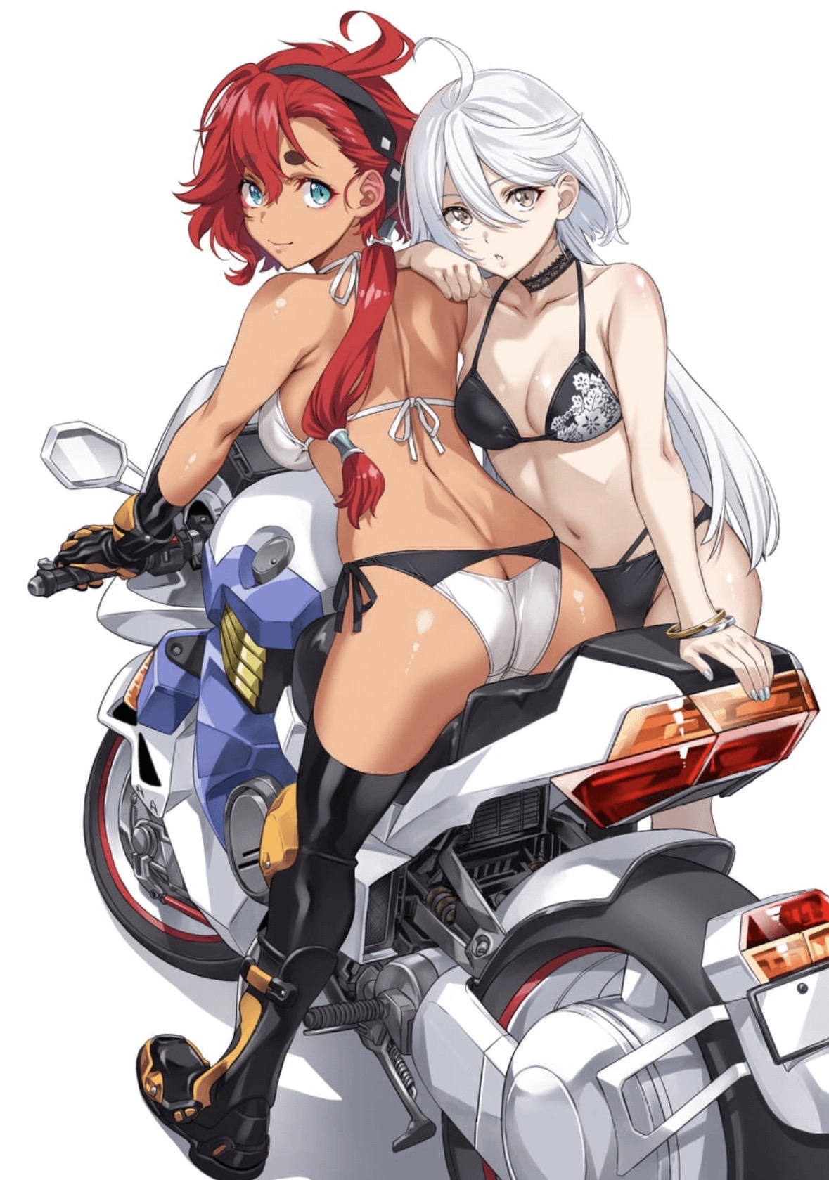2girls, biker girl, bikini, blue eyes, boots, couple, couple (romantic), female, gloves, gundam suisei no majo, impractical clothing, miorine rembran, nail polish, painted nails, pale skin, red hair, revealing clothes, silver eyes, silver hair, suletta mercury, tagme, tagme (artist), tan body, yuri