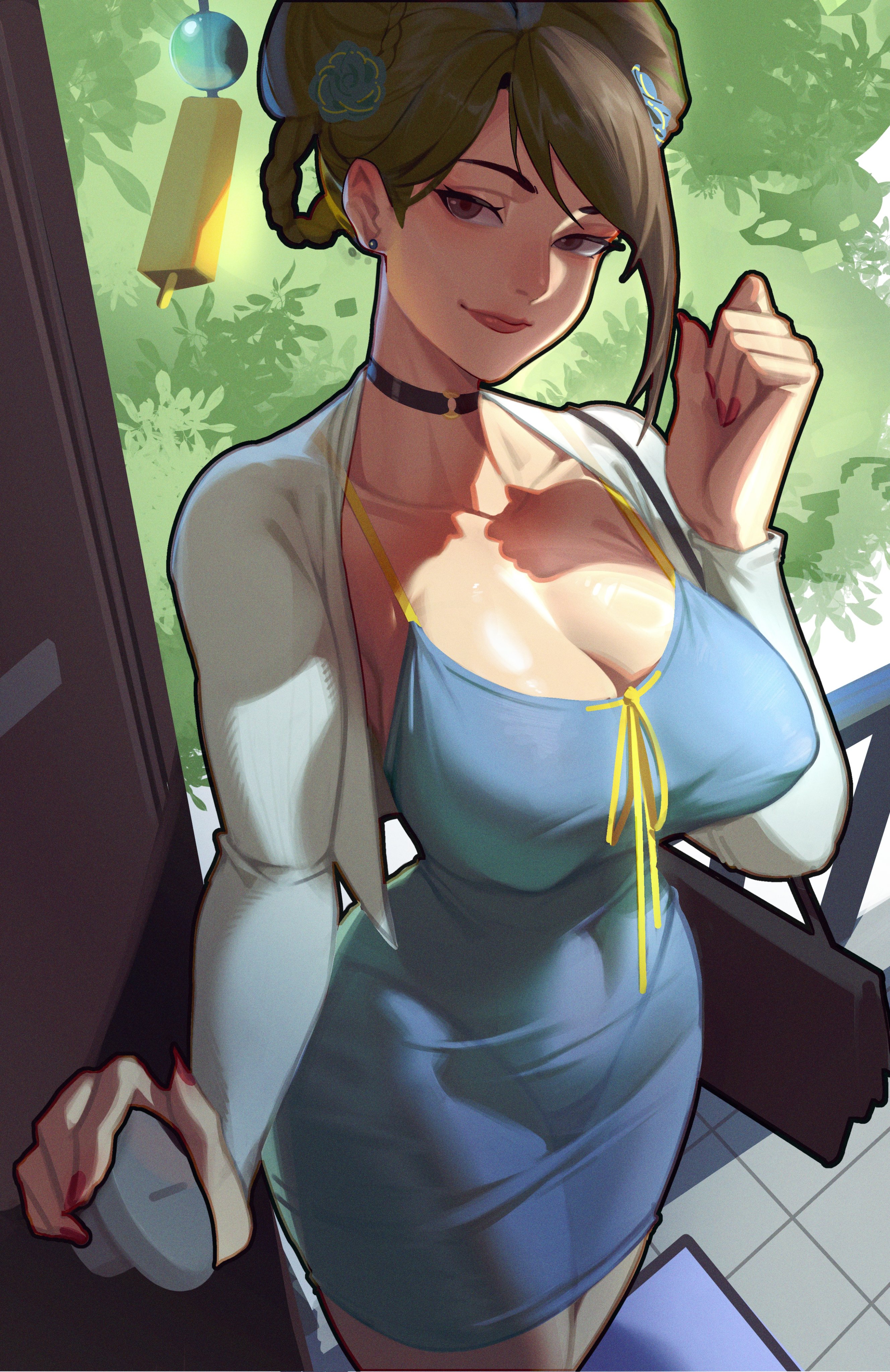 1girls, 2025, 2d, 2d (artwork), absurdres, asian, asian female, bag, breasts, brown eyes, brown hair, capcom, chinese, chinese female, choker, chun-li, cleavage, clothed, clothed female, cloudy rain4, collarbone, covered erect nipples, dongtan dress, doorway, dress, female, female only, hair bun, hair ornament, handbag, highres, human, human only, large breasts, light skin, light-skinned female, looking at viewer, nail polish, open door, opening door, panties, panties visible through clothes, pov, questionable, red nails, ribbon, sfw, solo, solo female, standing, street fighter, street fighter 6, voluptuous, yellow ribbon
