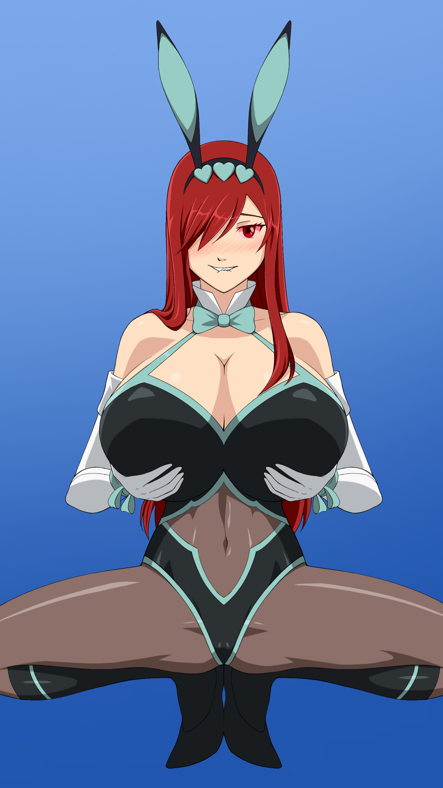 absurdres, barefoot, biting lip, blush, brainwashed, brainwashing, breasts, bunny ears, bunny girl, bunnysuit, change in common sense, cleavage, erza scarlet, fairy tail, fake animal ears, feet, female, female only, femsub, happy trance, high heels, hypnosis, large breasts, long hair, mind control, red eyes, red hair, red-haired female, smile, squatting, unaware hypnosis, vevymani