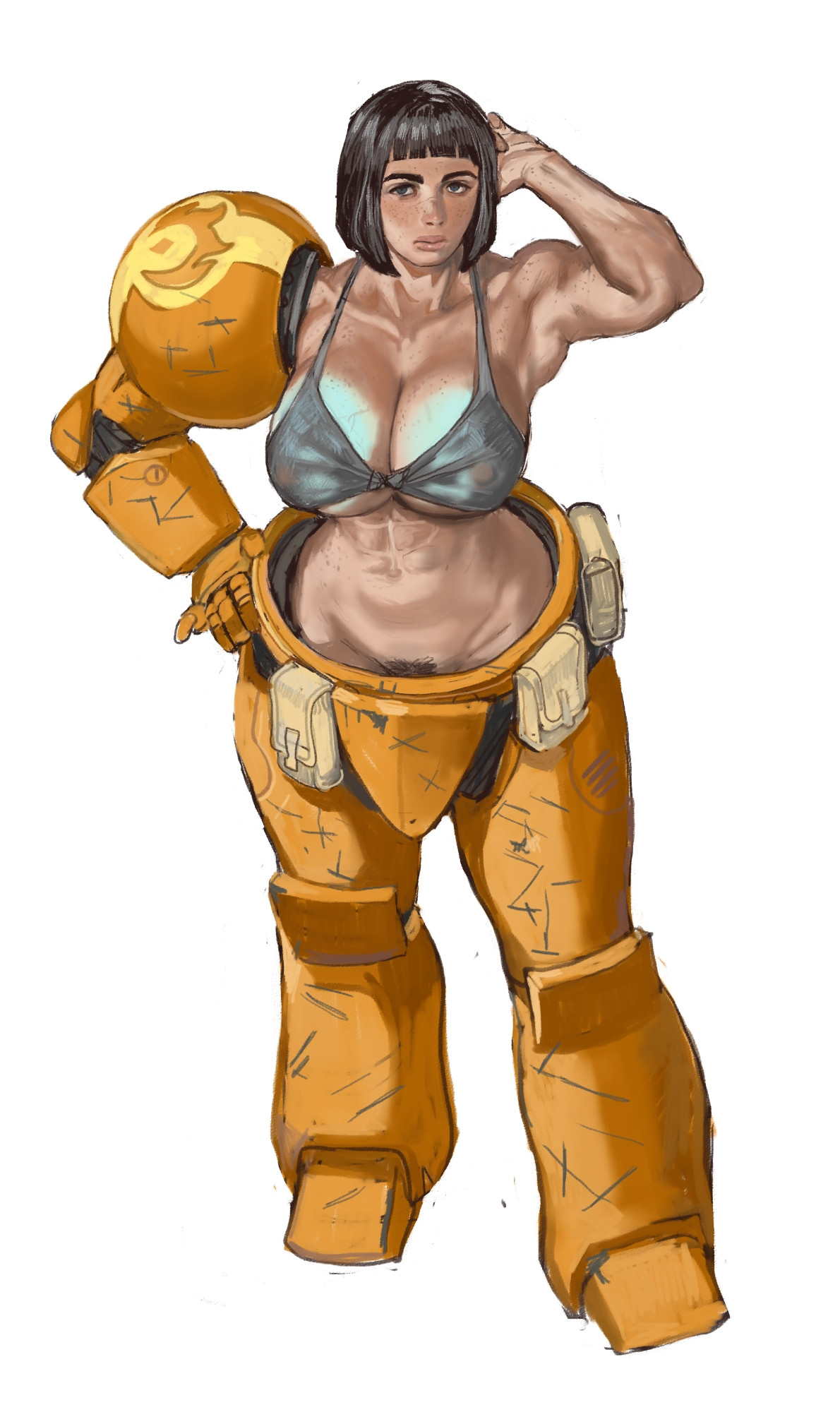 1girls, abs, armor, asymmetrical armor, big breasts, black hair, breasts, collarbone, damaged armor, female, female focus, female pubic hair, full body, grey bra, large breasts, looking at viewer, mossa, muscular female, navel, nipple outline, no panties, orange armor, plate armor, pockets, pubic hair, shiny skin, short hair, solo, space king, standing, wide hips