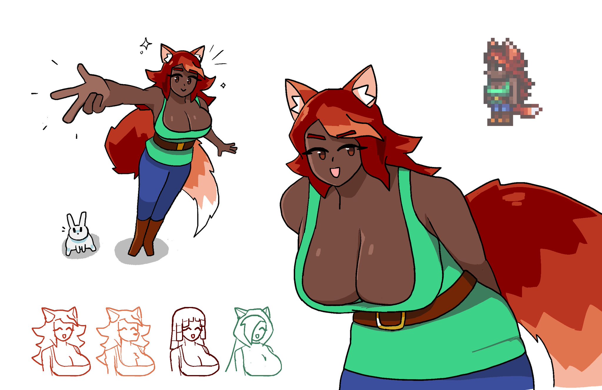 belt, big breasts, boobs bigger than head, boobs focus, breasts, breasts bigger than head, breasts focus, breasts squeezed together, bunny, cleavage, dark skin, dark-skinned female, female, fox, fox ears, fox girl, fox humanoid, fox tail, large boobs, large breasts, re-logic, red hair, redhair, redhead female, smile, smile at viewer, smiling, smiling at viewer, tagme, terraria, zoologist (terraria)