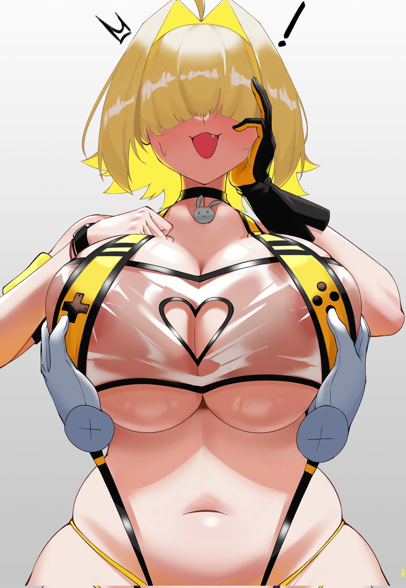 1girls, areola slip, areolae, armwear, big breasts, bikini, blonde hair, breast grab, breasts, clarkekitsp, collar, curvy, cute, elegg (boom and shock) (nikke), elegg (nikke), female, female only, goddess of victory: nikke, hair over eyes, huge breasts, official alternate costume, short hair, swimwear, yellow bikini, yellow sling bikini