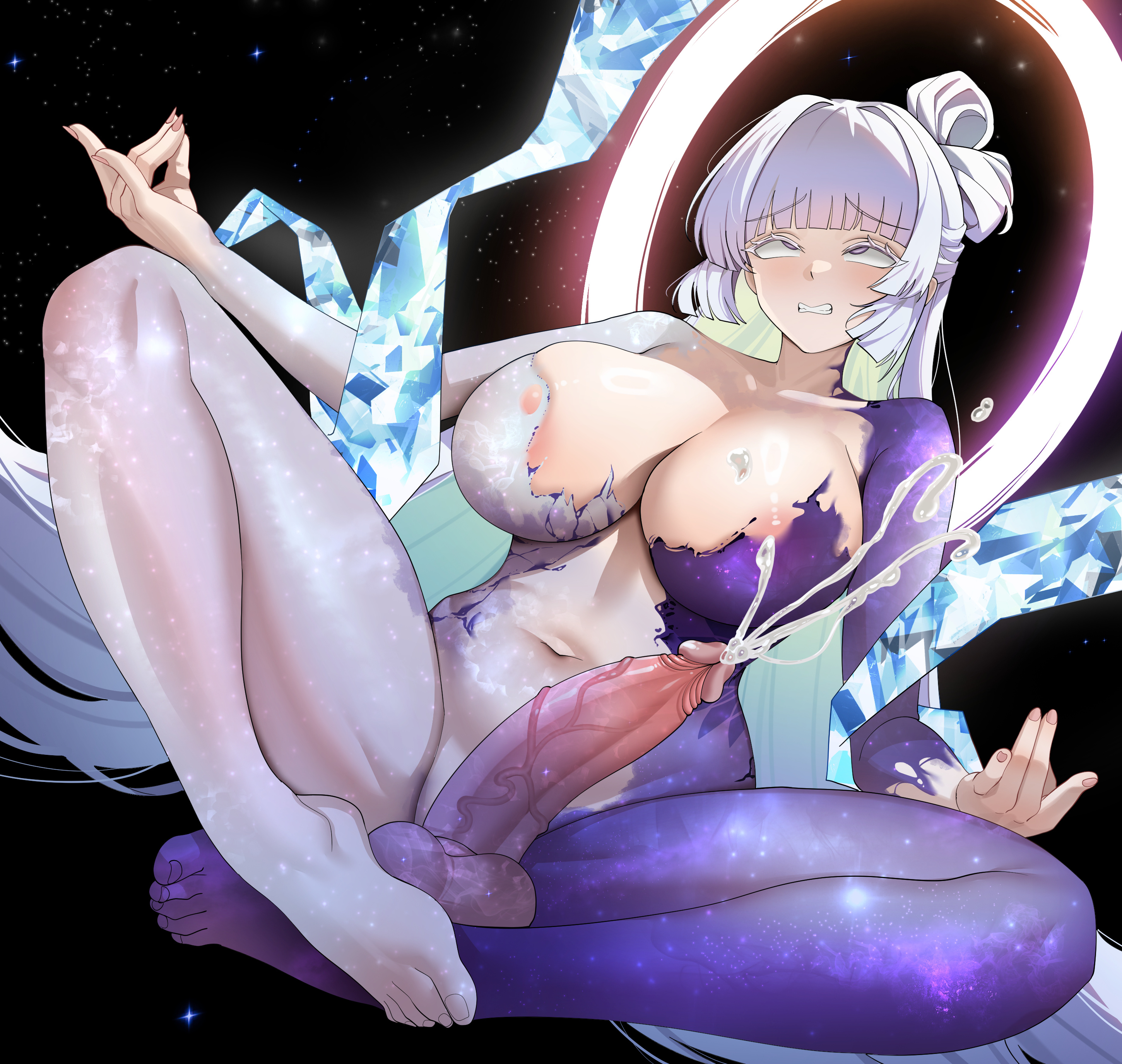 big breasts, big penis, blush, breasts, cum, cumming, cumshot, erect penis, erection, futa only, futanari, goddess of victory: nikke, hands-free, handsfree ejaculation, hourglass figure, involuntary orgasm, lilac eyes, nayuta (nikke), nayuta (wu wei) (nikke), nipples visible through clothing, orgasm, orgasm face, penis, revealing clothes, rolling eyes, tagme (artist), tight clothing, white hair, wujack