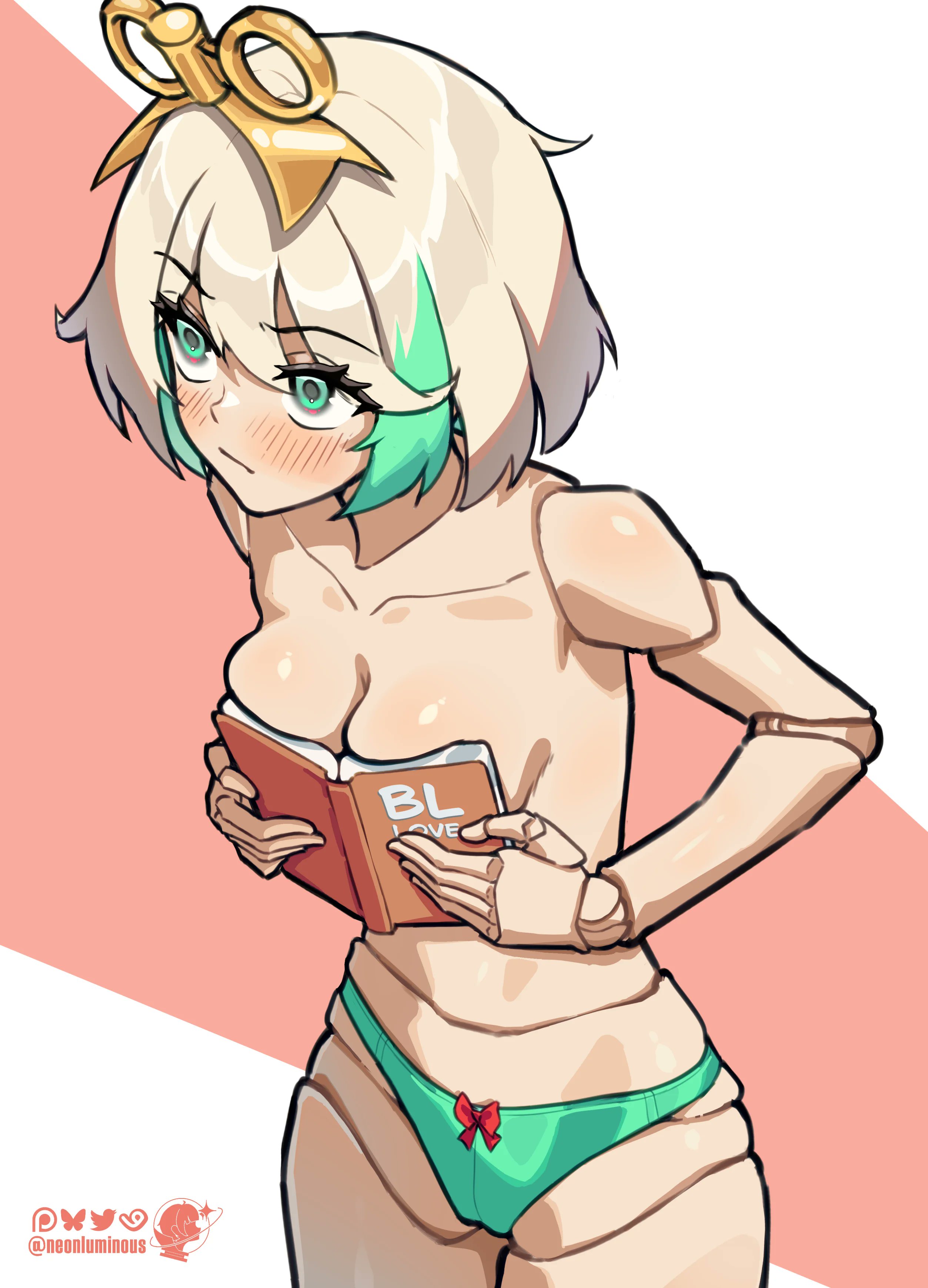 book, cecilia immergreen, covered nipples, doll, doll joints, green eyes, hololive, hololive english, hololive english -justice-, joints, panties, short hair, virtual youtuber, white hair