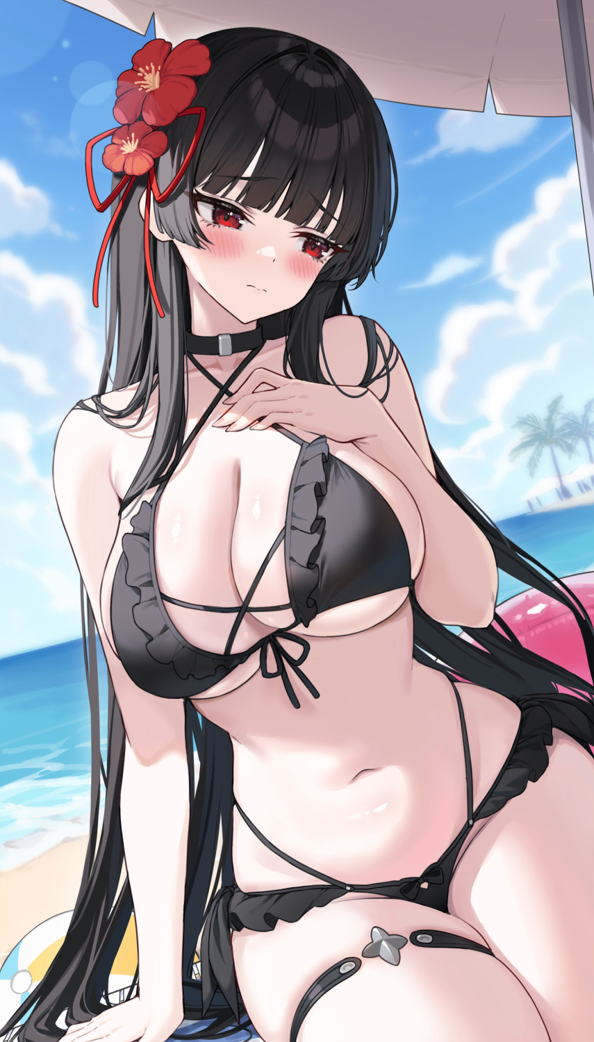 1girls, beach, bikini, black bikini, black hair, blush, breasts, chisa (wuthering waves), exposed breasts, female, long hair, red eyes, swimsuit, wuthering waves
