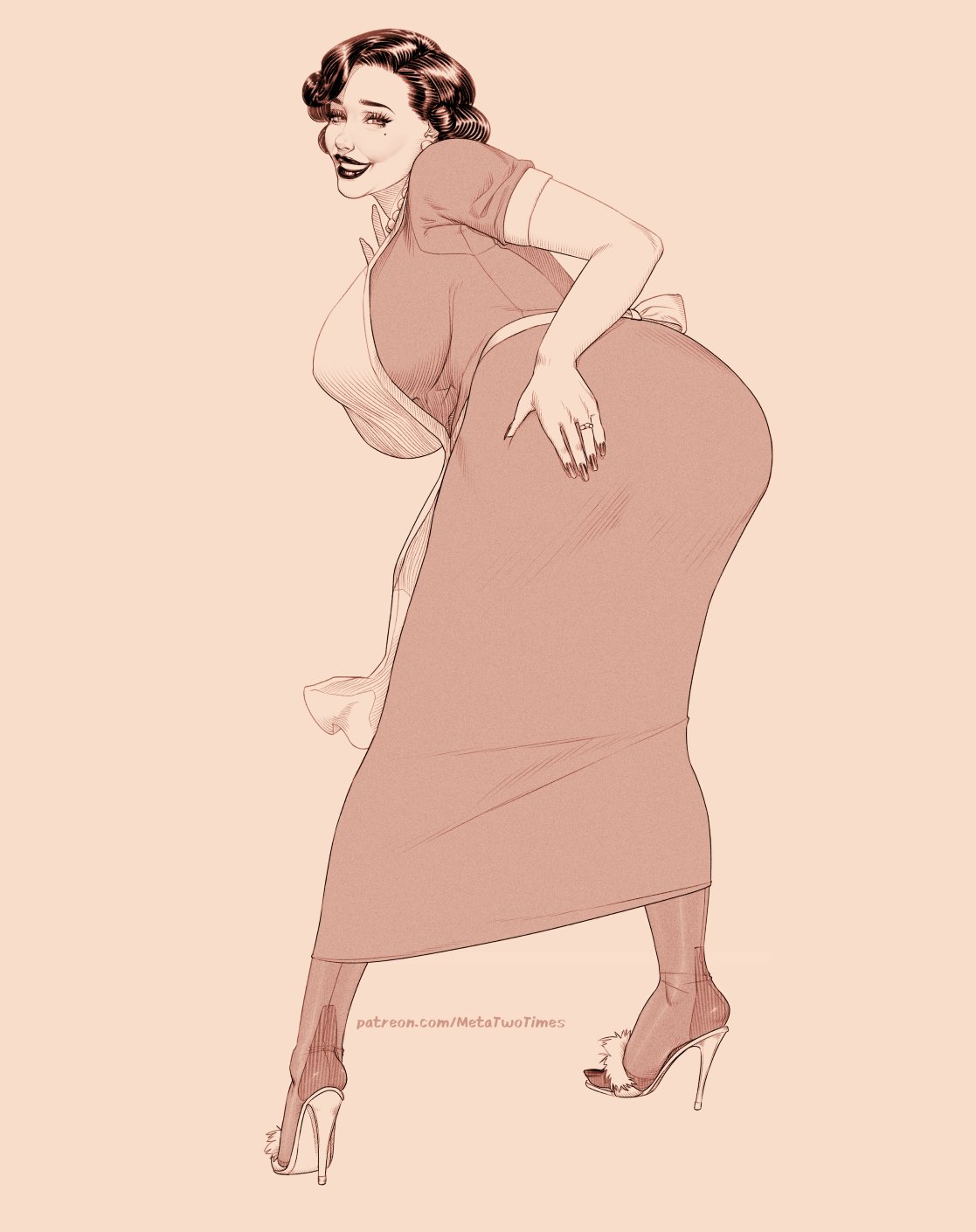 1950s, 1girls, 50s, big ass, big breasts, breasts, breasts bigger than head, curvaceous, curvy, curvy figure, digital media (artwork), female, hips, huge ass, huge breasts, large ass, large breasts, legs, light skin, mature, mature female, metameta/metatwotimes, slap, slapping butt, slapping own ass, slim waist, thick, thick hips, thick legs, thick thighs, thighs, voluptuous, waist, wide hips