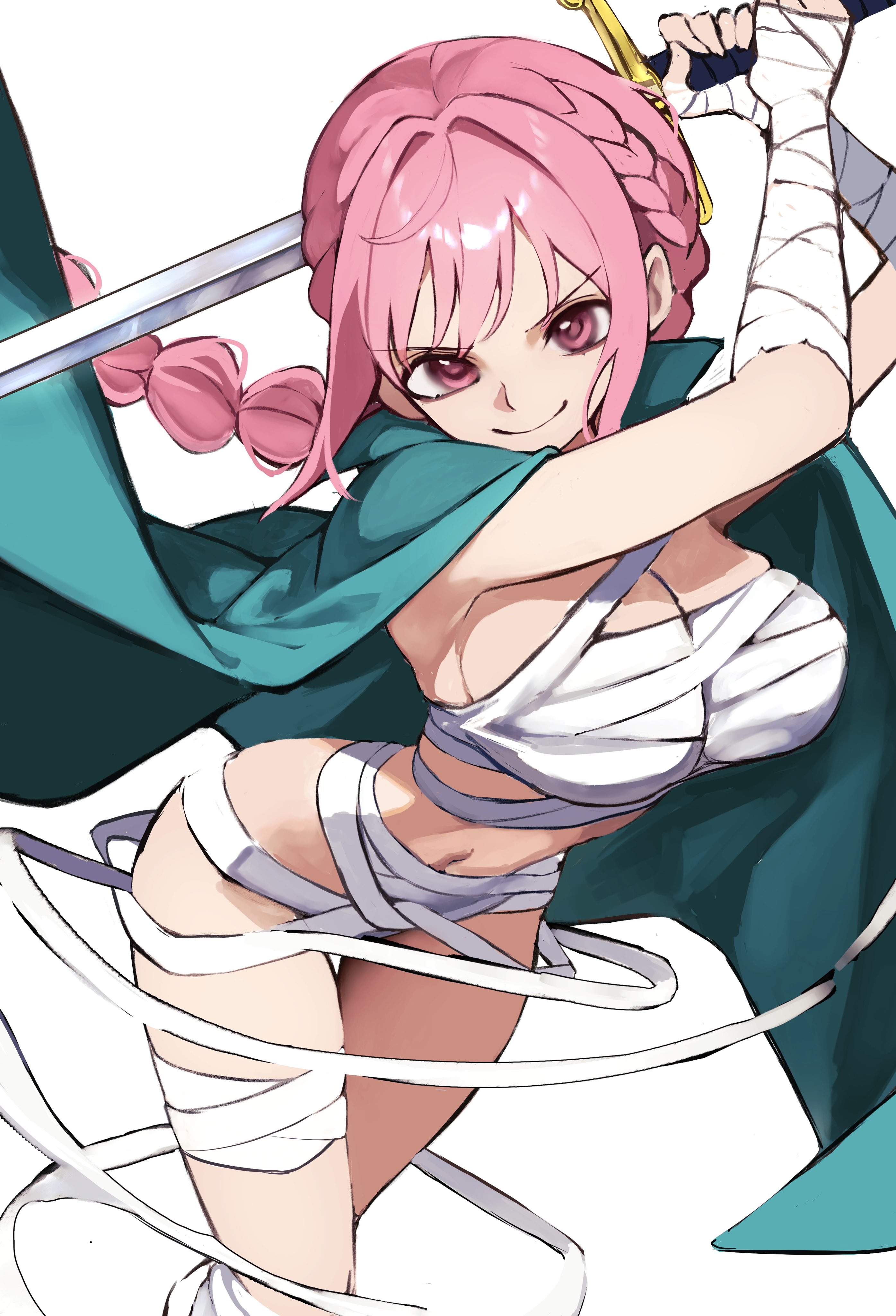 1girls, absurdres, bandaged arm, bandages, braid, braided ponytail, breasts, cape, closed mouth, clothing, commentary request, dress, female, female only, green cape, highres, holding, holding sword, holding weapon, kasumi 6, kasumi6, large breasts, looking at viewer, mummy costume, naked bandage, one piece, paid reward available, pink eyes, pink hair, pink-haired female, rebecca (one piece), smile, solo, standing, sword, weapon