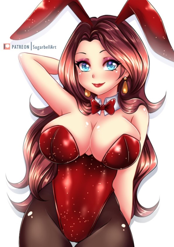 animal ears, arm behind head, artist name, bare shoulders, big breasts, black pantyhose, blue eyes, blush, bow, bowtie, breasts, brown hair, bunny ears, bunnysuit, cameltoe, cleavage, collar, commentary, covered navel, detached collar, earrings, english commentary, enly art, eyelashes, eyeshadow, female, floating earrings, gold earrings, highleg, highleg leotard, jewelry, large breasts, leotard, lipstick, long hair, looking at viewer, makeup, mario (series), mixed-language commentary, nintendo, pantyhose, pauline, pauline (mario), playboy bunny, purple eyeshadow, rabbit ears, red leotard, red lips, red lipstick, shiny clothes, shiny skin, sidelocks, skindentation, smile, solo, strapless, strapless leotard, sugarbell, thigh gap, thighs, wavy hair, white background
