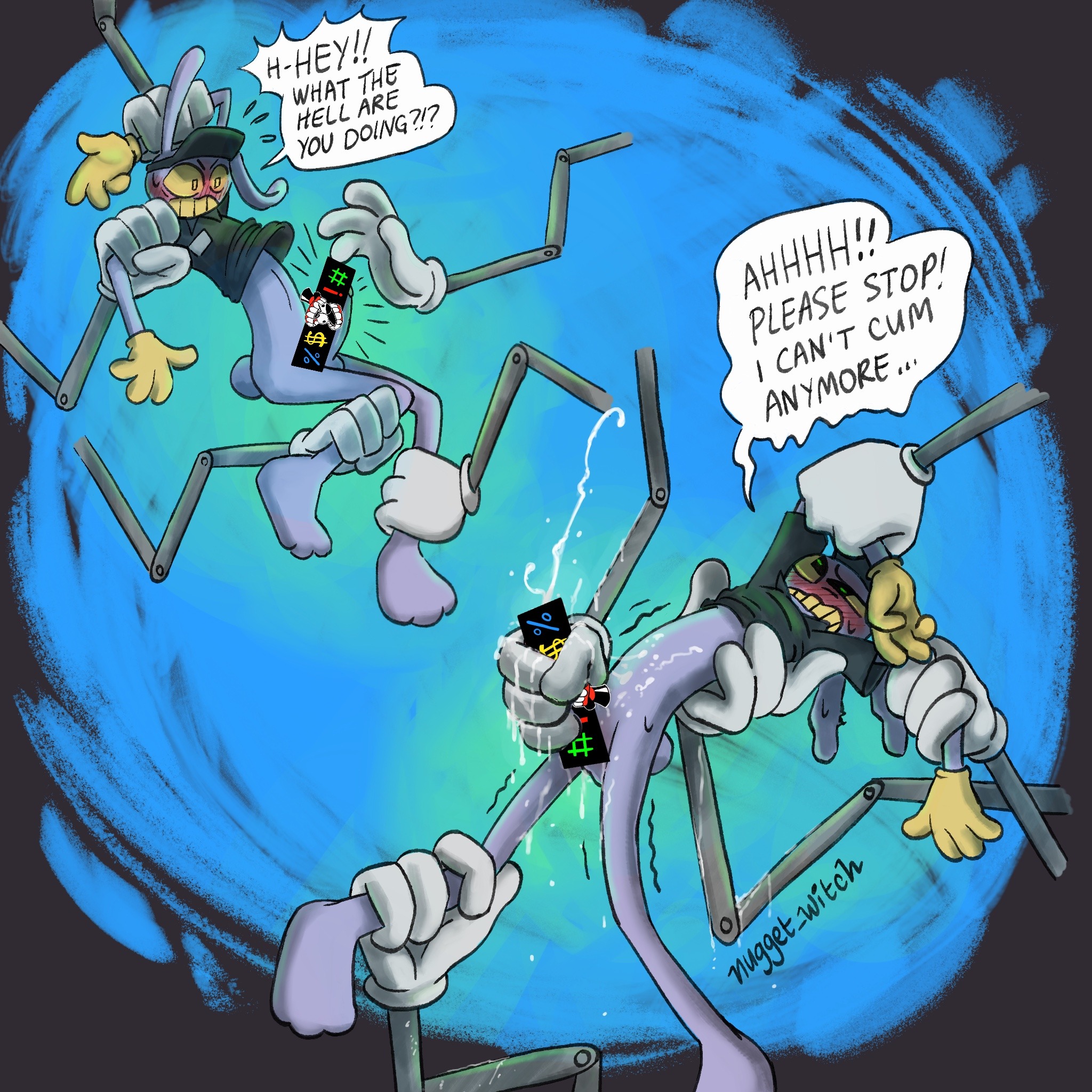 1boy, begging, begging to stop, blush, bondage, dialogue, feet, glitch productions, gloves, handjob, jax (the amazing digital circus), male, male only, nugget witch, overstimulation, paws, restrained, robot arm, solo, the amazing digital circus