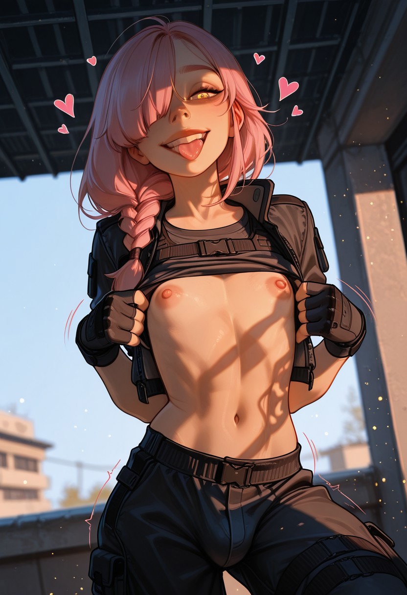 :p, 1boy, 1femboy, 2025, ai generated, alternate version available, braid, bulge, civitai, crossdressing, femboy, feminine male, girly, hair over one eye, heart, hearts around head, hourglass figure, long hair, looking at viewer, male, morningscifi, outdoors, outside, pants, pectorals, pink hair, presenting, presenting nipples, roof, rooftop, shirt, shirt lift, shirt up, soldier, soldier uniform, thighs, tongue, tongue out, trap, wide hips, yellow eyes