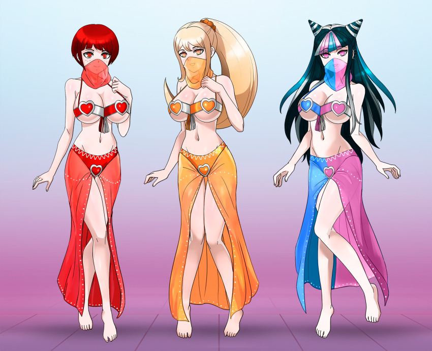 3girls, alternate costume, belly dancer, belly dancer dress, belly dancer outfit, big breasts, danganronpa, danganronpa 2: goodbye despair, hypnosis, koizumi mahiru, mioda ibuki, revealing clothes, saionji hiyoko, shinzu031
