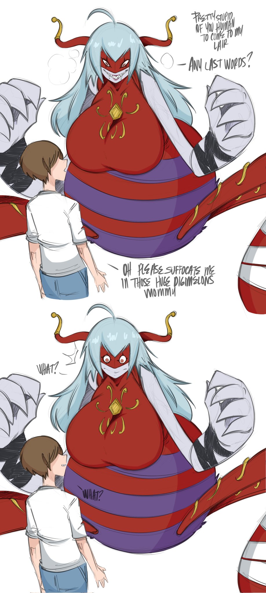 1boy, 1girls, ahoge, arukenimon, breasts, breasts bigger than head, brown hair, color, colored, digimon, digimon (species), female, funny, gonzalo costa, grin, horns, huge breasts, human, larger female, long hair, male, mask, saltyxodium, sharp teeth, silver hair, size difference, smaller male, smiling, spider, very high resolution, voluptuous, voluptuous female, white background