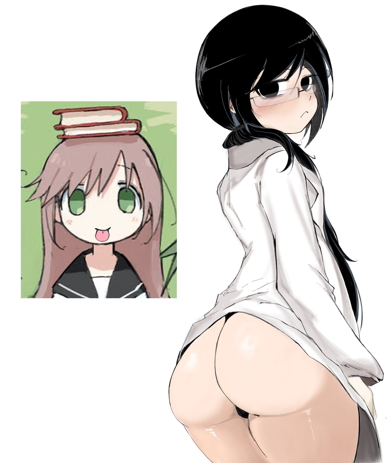 :<, 2girls, arms at sides, ass, black eyes, black hair, blush, book, book on head, book stack, brown hair, closed mouth, cowboy shot, female, freaky, glasses, green eyes, highres, lab coat, long hair, looking at viewer, looking back, looking over shoulder, meme, meme in the background, multiple females, multiple girls, object on head, sailor collar, school uniform, shijima's sister, shimeji simulation, standing, swadac30, thick thighs, thighs, tongue, tongue out, upper body, white background, yomikawa (shimeji simulation)