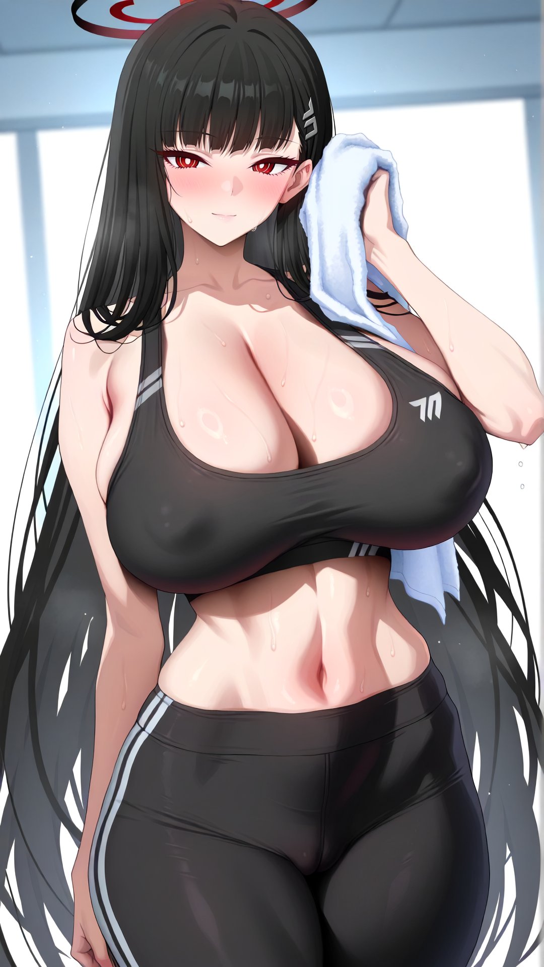 1girls, ai generated, black hair, blue archive, blush, breasts, collarbone, erect nipples, female, halo, hips, huge breasts, light skin, light-skinned female, long hair, looking at viewer, navel, nikumist, puffy nipples, red eyes, rio (blue archive), rio tsukatsuki (blue archive), smile, sportswear, steam, steamy breath, sweat, sweatdrop, thick thighs, thighs, towel, wide hips