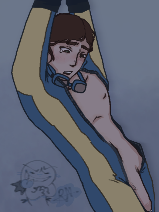 arms above head, brown hair, dazed, dispatch (game), green eyes, half naked, hard cock, leaking precum, legs together, looking down, male only, open mouth, roneeex3, skin tight suit, skinny, solo male, surprised, swimming goggles, swimsuit, tearing up, waterboy (dispatch), zipper down