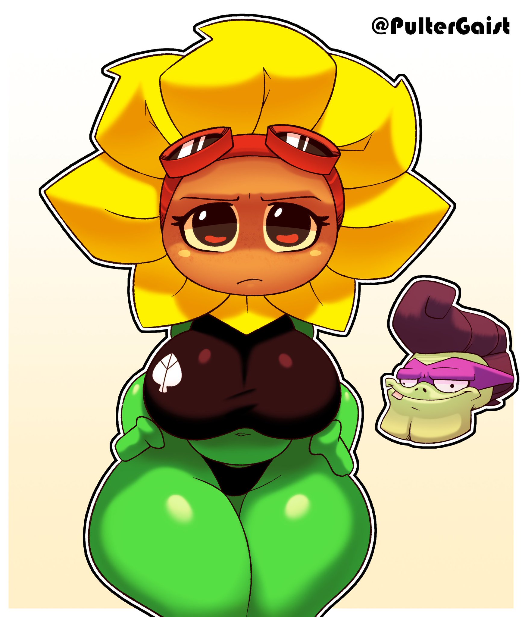 1boy, 1girl1boy, 1girls, big breasts, big thighs, child bearing hips, electronic arts, female, female focus, flower, goggles, goggles on forehead, goggles on head, male, plant, plant girl, plants vs zombies, popcap games, pultergaist, solar flare (pvz), sunflower, sunflower (pvz), super brainz (pvz), tagme, thick thighs, wide hips, wide thighs