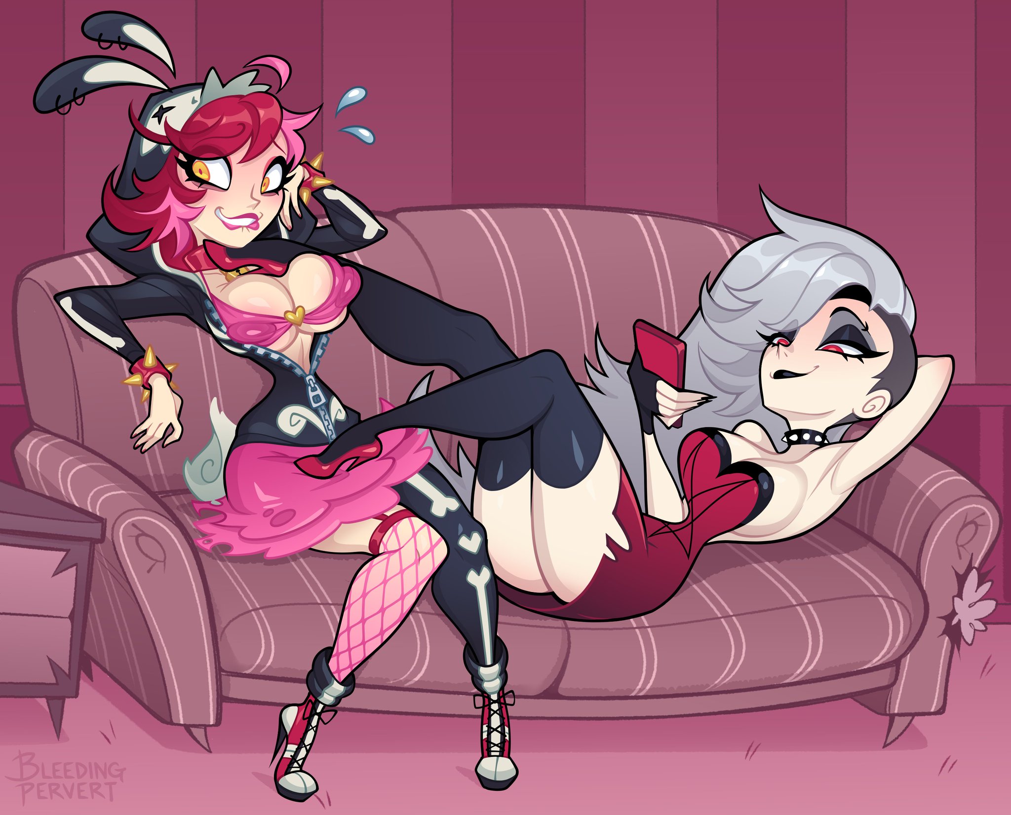 2girls, bare arms, bare legs, bare shoulders, bare thighs, big breasts, bleedingpervert, blush, bra, breasts, clothed, clothing, color, dress, embarrassed, female, female focus, female only, fully clothed, fully clothed female, helluva boss, hi res, horny, human loona, large breasts, light skin, light-skinned female, long hair, loona (helluva boss), nipple bulge, original character, red eyes, red hair, solo female, stockings, tagme, thick thighs, white hair, yuri
