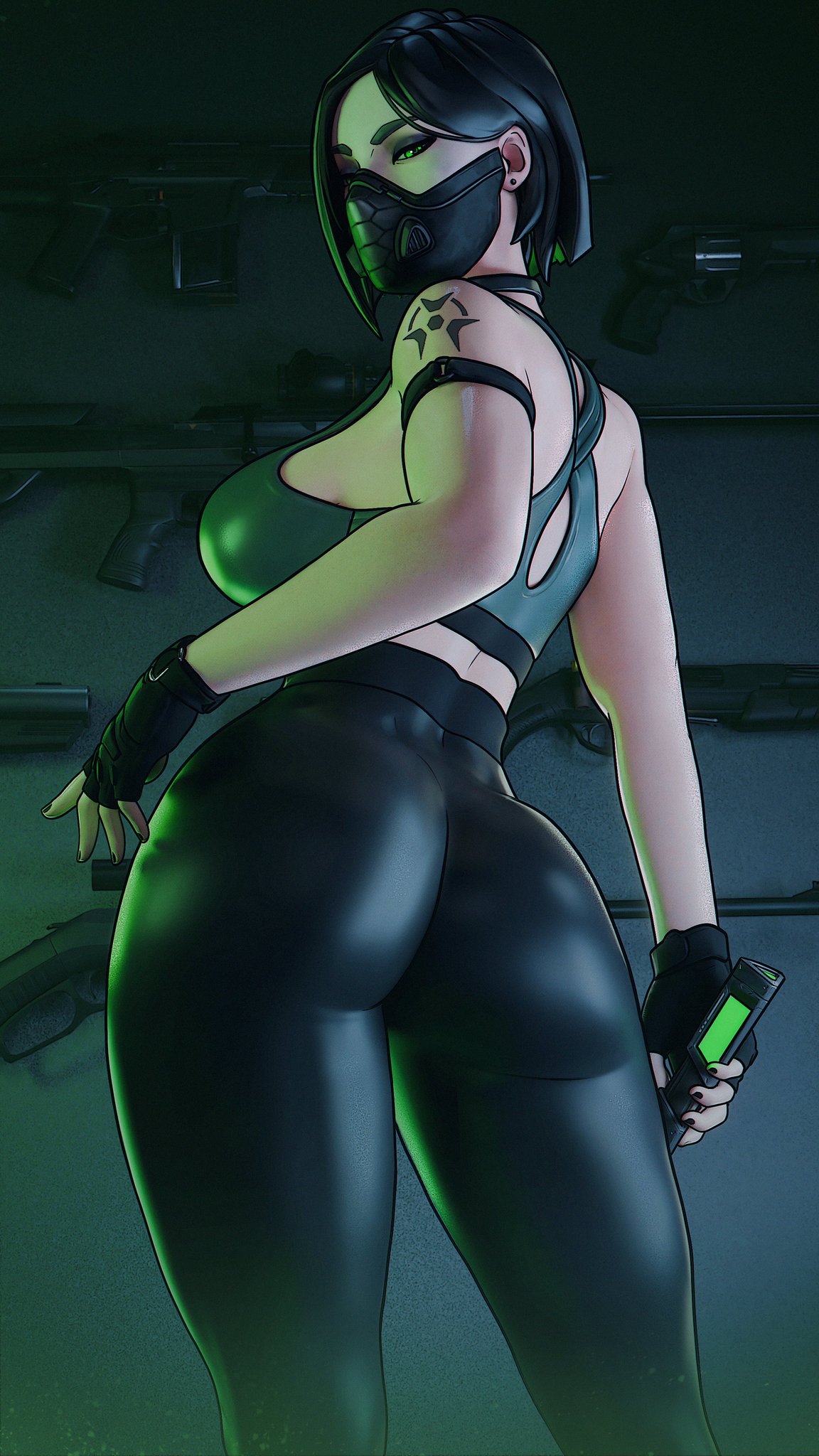 1girls, 3d, 3d (artwork), 3d model, 3d render, arched back, ass, ass bigger than head, ass focus, assault rifle, back view, bare midriff, bare shoulders, big ass, big breasts, black choker, black clothing, black gloves, black hair, bob cut, breasts, choker, clothed, clothing, curvaceous, curvy, curvy female, curvy figure, detailed background, earring, earrings, eyebrows, eyeliner, female, female focus, female only, fingerless gloves, fit, fit female, gloves, green bra, green eyes, green sports bra, gun, guns, gym, gym clothes, gym clothing, hair behind ear, half mask, holding, holding object, human, human female, human only, implied nopan, indoors, light skin, light-skinned female, lips, long hair, long legs, looking at viewer, looking back, mask, masked female, midriff, pants, plump ass, rear focus, rear view, reflection, rifle, sfrinzy, shotgun, sideboob, slim waist, sniper rifle, solo, solo female, solo focus, sports bra, sports uniform, sportswear, standing, tattoo, tattoo on arm, tattoo on shoulder, tattooed arm, tattooed shoulder, thick, thick ass, thick butt, thick thighs, thighs, tight clothes, tight clothing, tight pants, valorant, viper (valorant), voluptuous, voluptuous body, voluptuous female, weapon, weapons, wide hips, working out, workout, workout clothes