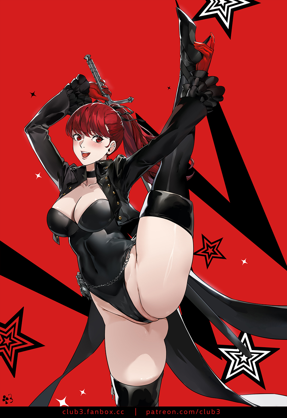 :d, black boots, black jacket, black leotard, boots, breasts, cleavage, club3, coattails, female, gloves, highres, jacket, kasumi yoshizawa, large breasts, leotard, long hair, looking at viewer, open mouth, paid reward available, partially visible vulva, persona, persona 5, persona 5 royal, phantom thief suit, ponytail, red background, red eyes, red gloves, red hair, smile, solo, split, standing, standing on one leg, standing split, sumire yoshizawa, sumire yoshizawa (violet), thigh boots