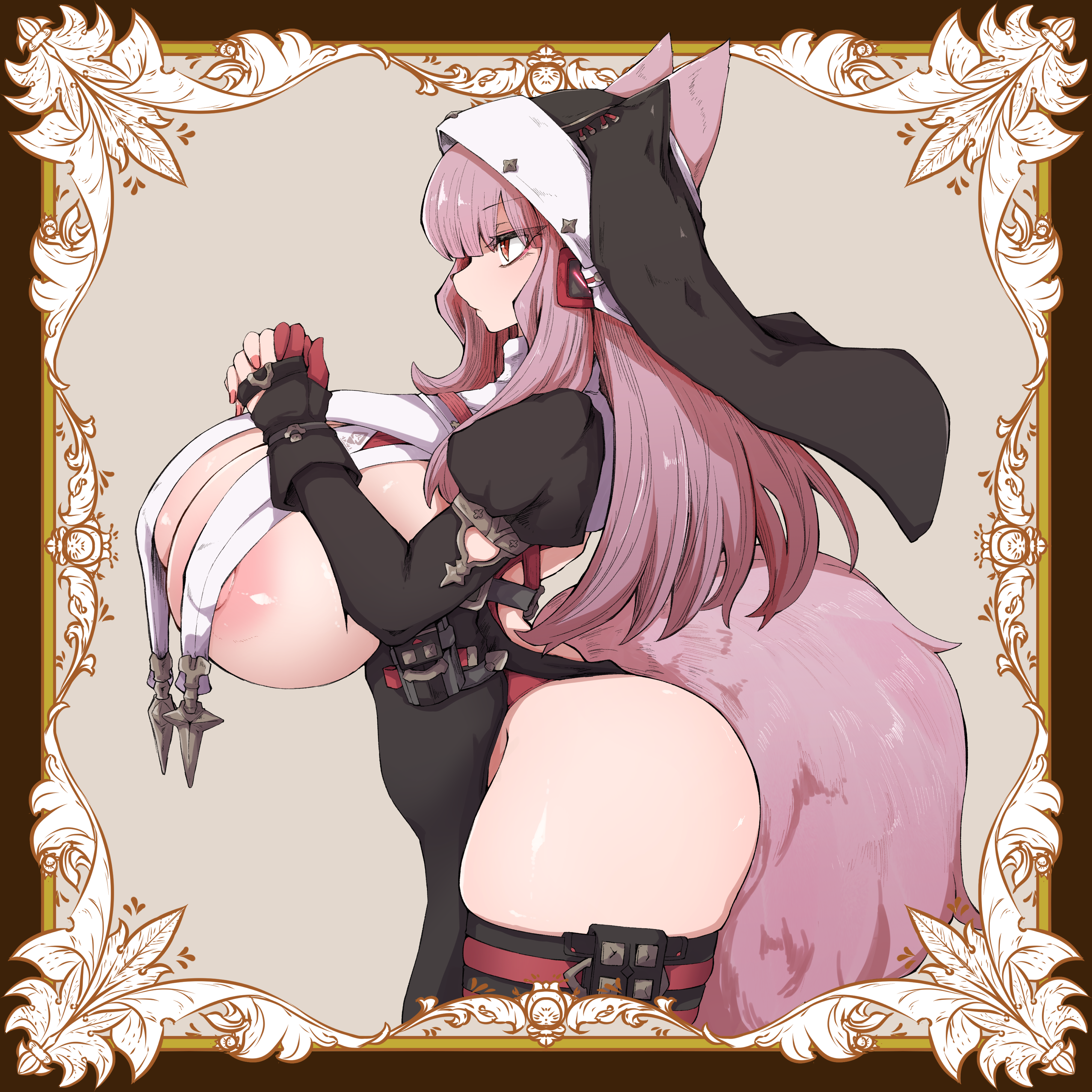 1girls, arknights, big breasts, breasts, breasts out, emberix, female, fox girl, fox tail, frostleaf (arknights), huge breasts, kneesocks, nipples, nun, nun outfit, nun's habit, red eyes, sisters, solo, standing, tagme, thick thighs, thighhighs, wide hips