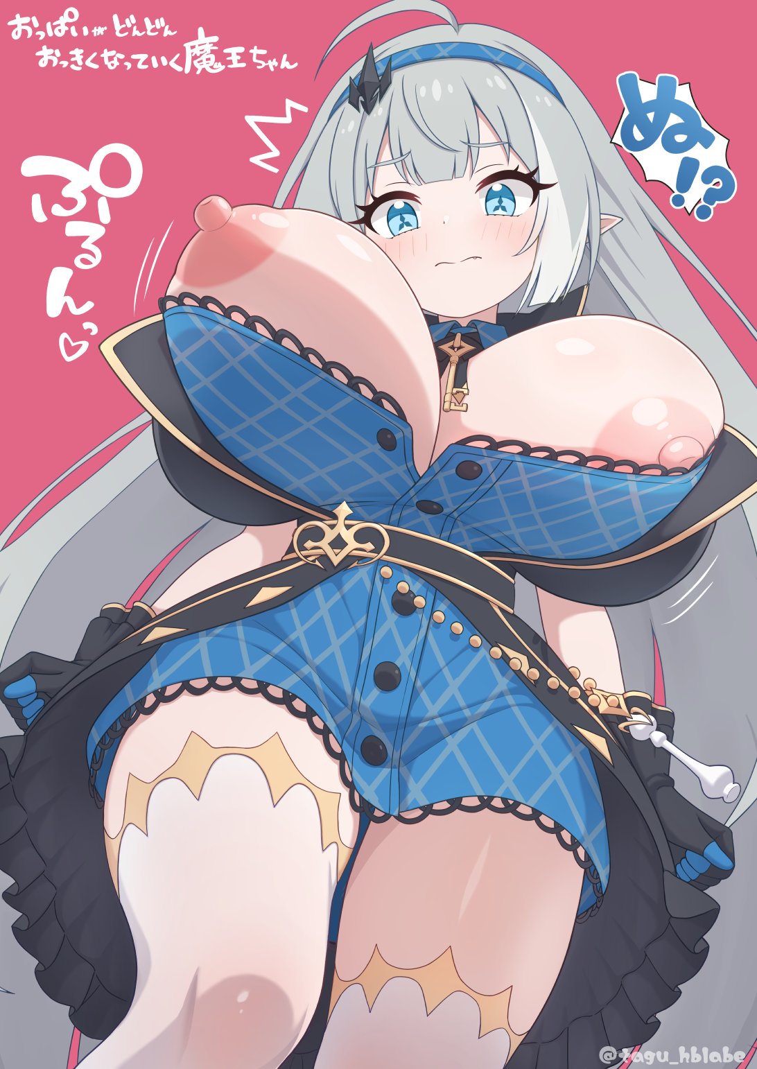 1girls, ahoge, alternate version available, areolae, artist name, blue eyes, blush, breast expansion, breasts, breasts out, bursting breasts, female, female only, grey hair, huge breasts, japanese text, light skin, light-skinned female, long hair, nipples, pointy ears, simple background, solo, stella sora, symbol-shaped pupils, tagu hblabe, translated, tyrant (stella sora), viewed from below, wardrobe malfunction