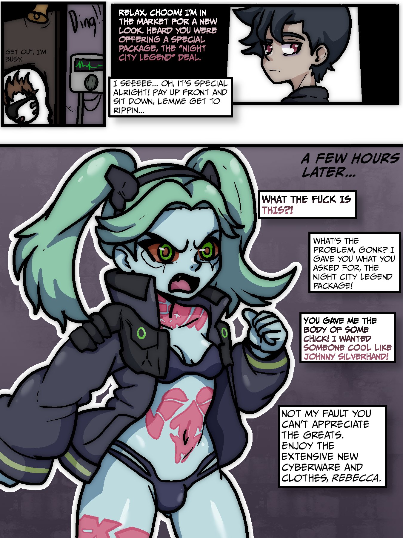 broth nsfw, bulge, bulge through clothing, character tf, clothing, cybernetics, cyberpunk: edgerunners, female, gender transformation, gender transitioning, human, male, mtf transformation, nonsexual, outerwear, pale skin, permanent transformation, rebecca (edgerunners), red sclera, transformation, trap, twintails