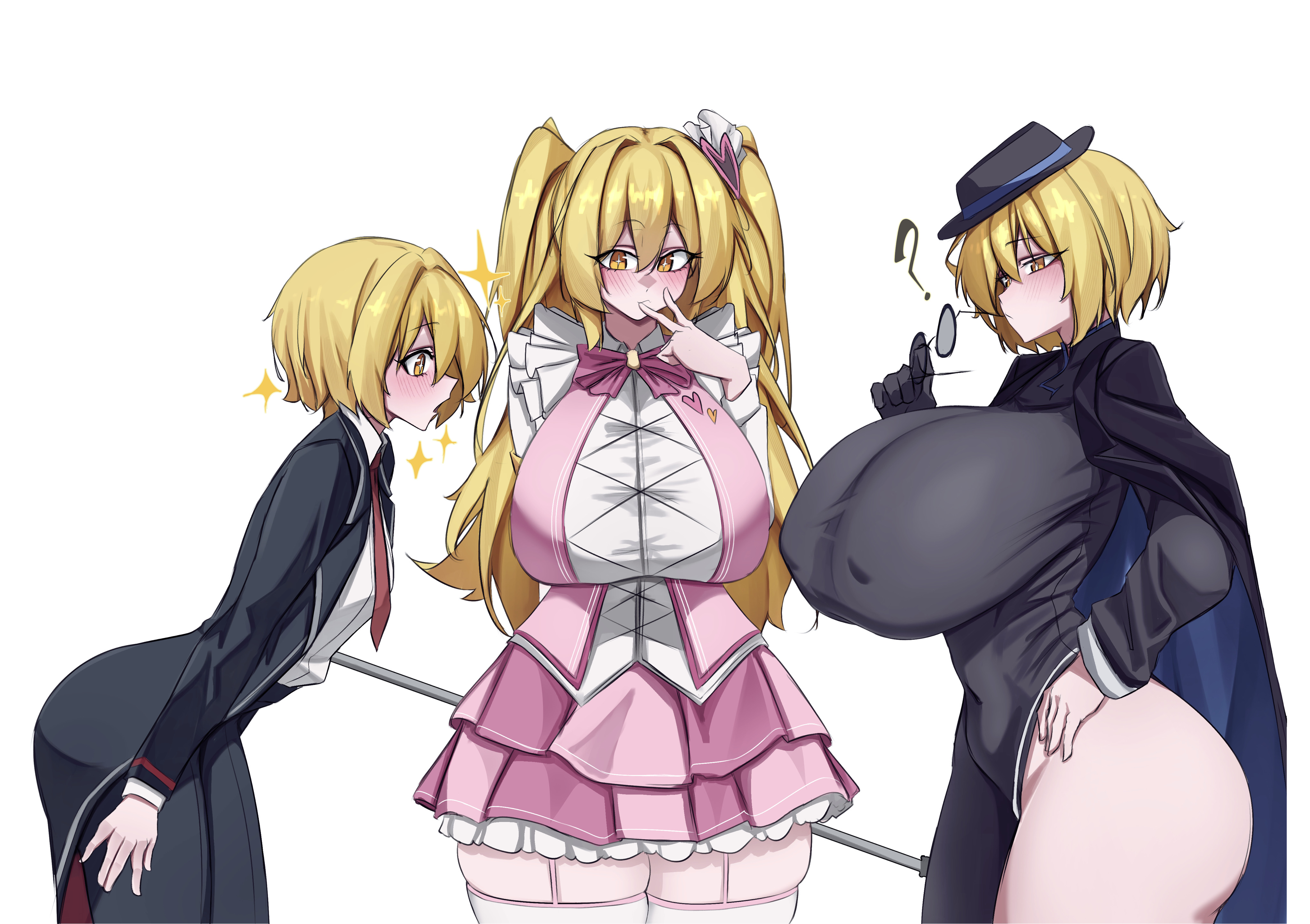 ?, 3girls, amazed, ass, bare legs, blonde hair, blush, breast size difference, breasts, breasts bigger than head, bright pupils, chinese clothes, cinq east honkers, don quixote (limbus company), eyebrows visible through hair, eyewear, female, flat chest, garter belt, garter straps, gigantic breasts, hair between eyes, hat, headwear, huge breasts, in the name of love and hate (e.g.o), jacket on shoulders, k den, k dhen, large breasts, limbus company, long hair, magical girl, massive breasts, multiple females, multiple girls, multiple persona, nipple bulge, nipples visible through clothing, no bra, no panties, project moon, qipao, short hair, skirt, star-shaped pupils, suit, symbol-shaped pupils, thick thighs, thighhighs, thunder thighs, tied hair, twintails, voluptuous