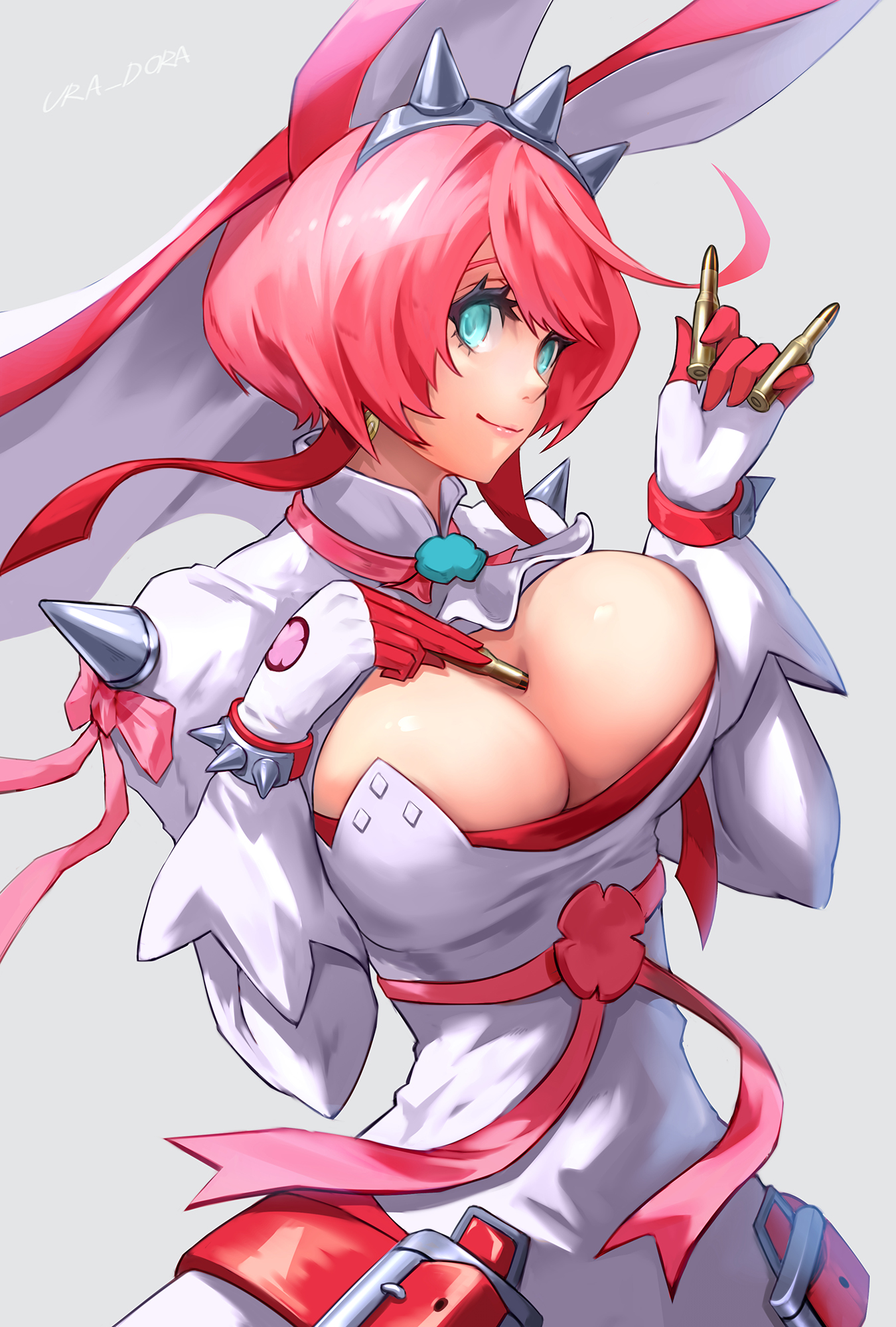 1girls, ahoge, animal ears, belt, blue eyes, breasts, bridal veil, bullet, cleavage, clover, dress, elphelt valentine, fake animal ears, female, female only, four-leaf clover, gloves, grey background, guilty gear, guilty gear xrd, hand on own chest, highres, holding, huge ahoge, large breasts, looking at viewer, looking to the side, object on breast, pink hair, rabbit ears, short hair, simple background, solo, spikes, ura dora, veil, wedding dress, white dress, white gloves