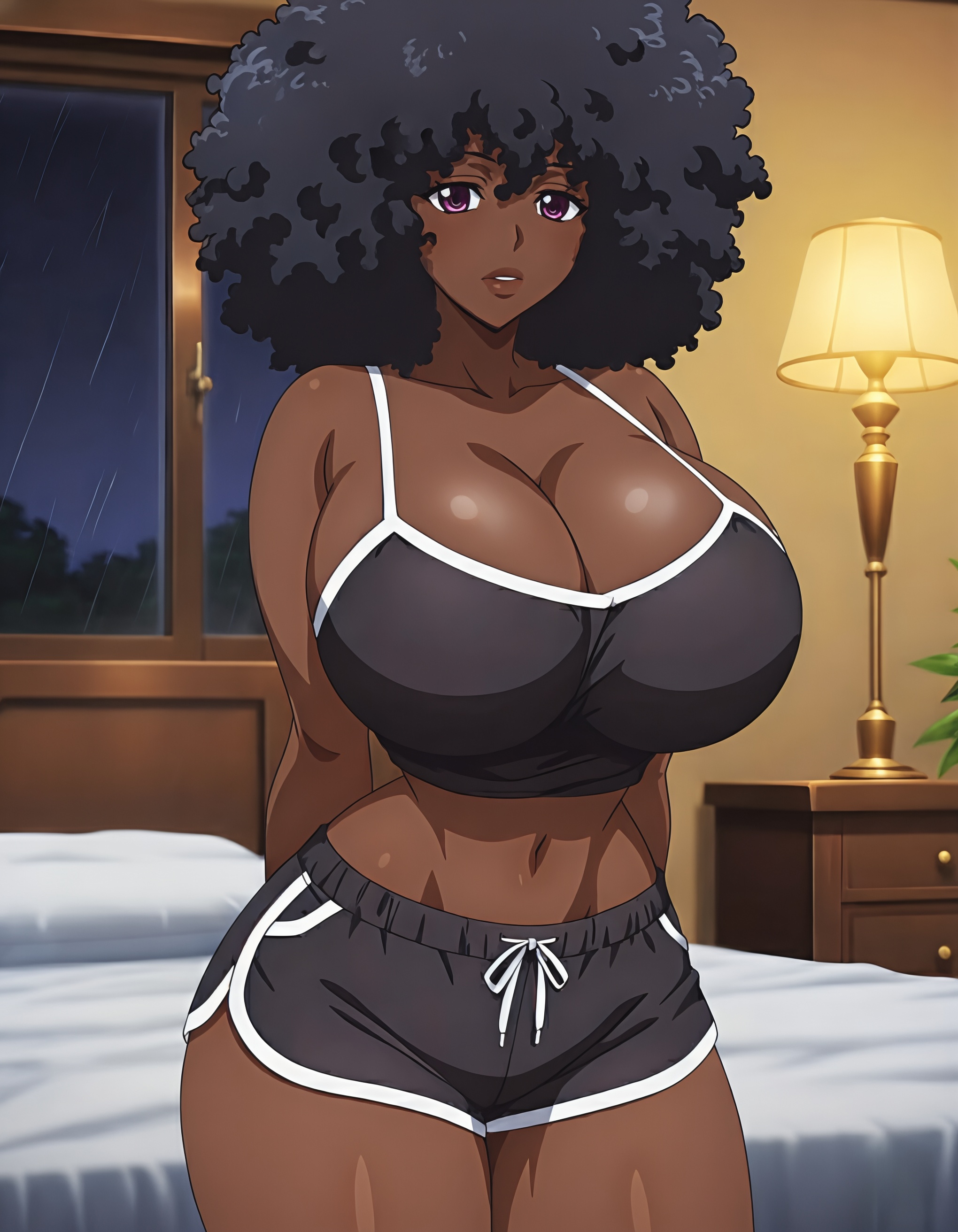1girls, african female, afro, ai generated, bedroom, big breasts, black hair, black woman, booty shorts, breasts, cleavage, curly hair, dark skin, dark-skinned female, female, female only, hands behind back, huge breasts, looking at viewer, midriff, mrtecta, original, original character, purple eyes, shorts, solo, solo female, tank top, thick, thick lips, thighs
