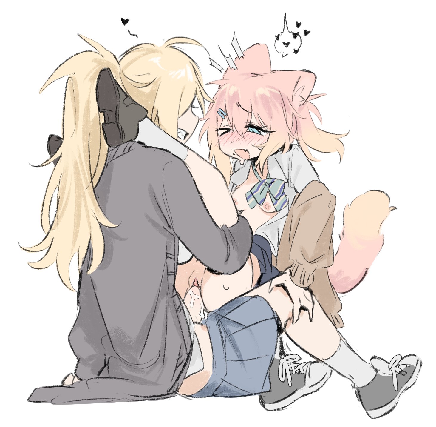 1futa, 2girls, blonde hair, breasts, cat ears, cat tail, catgirl, female, futa on female, futanari, heart symbol, legs on shoulders, penis, pink hair, riding, riding penis, school uniform, sharp teeth, thighs