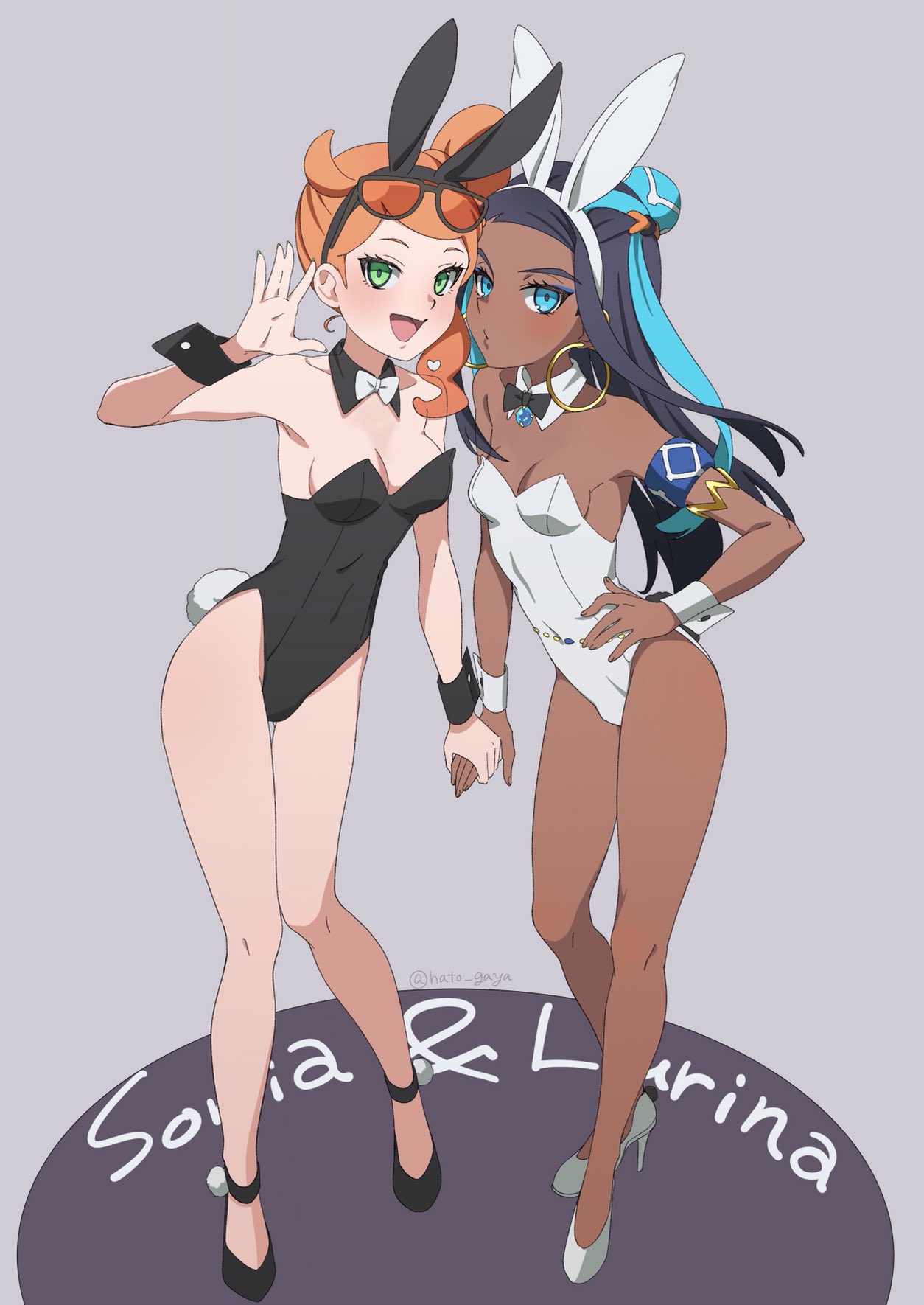 2girls, alternate costume, animal ears, belly chain, black bow, black hair, black leotard, black wrist cuffs, blue eyes, bowtie collar, breasts, bunny ears, bunnysuit, chocolate and vanilla, dark skin, dark-skinned female, earrings, eyewear, eyewear on head, fake animal ears, female, female only, full body, game freak, glasses, glasses on head, green eyes, grey background, gym leader, hand on own hip, high heels, highres, holding hands, hoop earrings, leotard, light skin, light-skinned female, long hair, long legs, long-haired female, looking at viewer, medium breasts, multiple girls, naguramu, nessa (pokemon), nintendo, open mouth, orange hair, playboy bunny, pokemon, pokemon ss, pokemon swsh, side ponytail, simple background, single hair bun, sonia (pokemon), standing, thighs, two-tone hair, very dark skin, waist chain, white bow, white leotard, white wrist cuffs, wrist cuffs