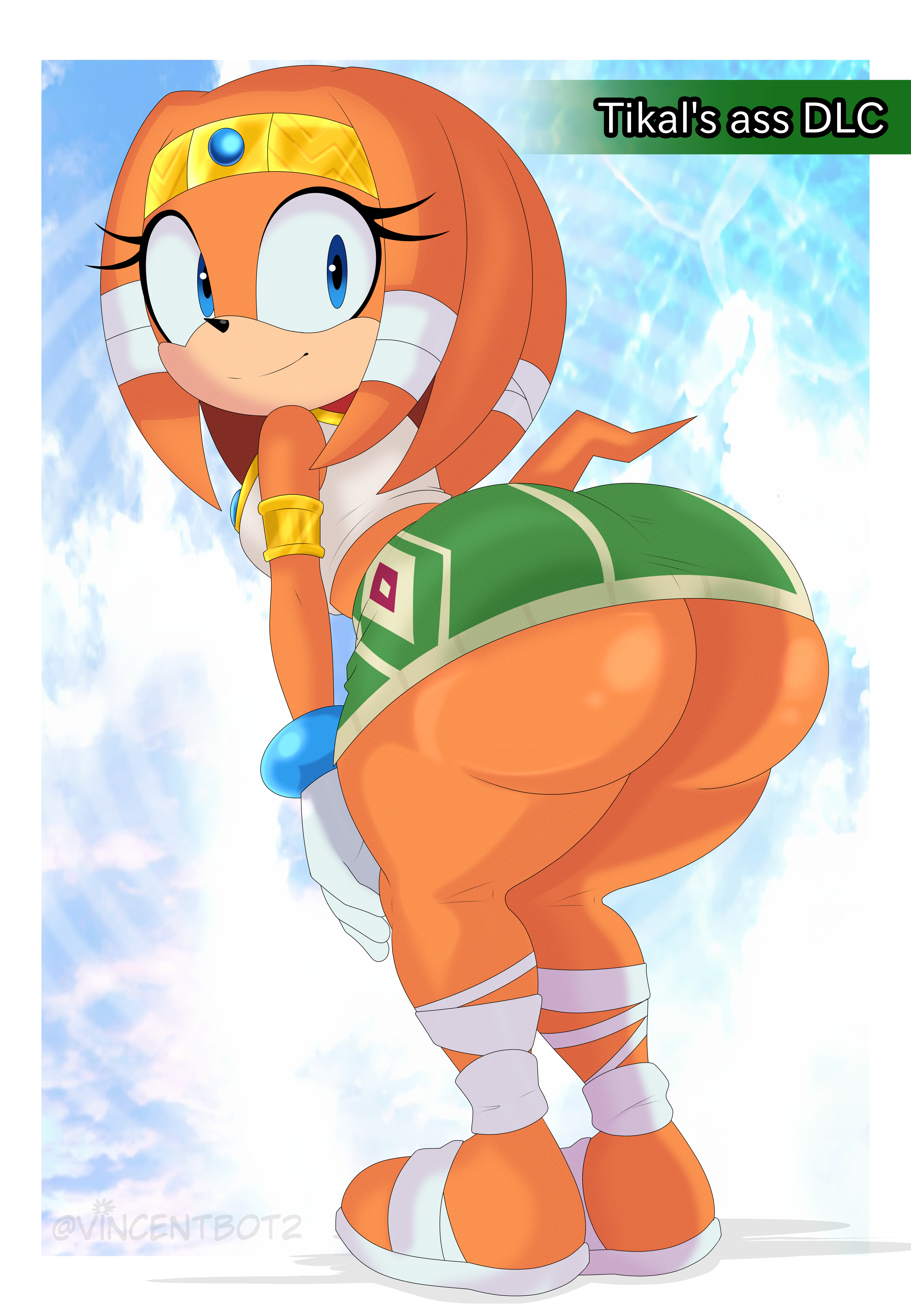 1girls, anthro, ass, ass bigger than head, ass focus, big ass, blue eyes, bracelet, clothed, crown, echidna, furry, furry female, game ui, gloves, gold jewelry, leg wraps, looking at viewer, mammal, mobian (species), orange body, orange fur, showing ass, showing off, skirt, skirt up, smile, smiling at viewer, solo, solo female, solo focus, sonic (series), sonic adventure, sonic the hedgehog (series), tail, tiara, tikal the echidna, topwear, vincentbot