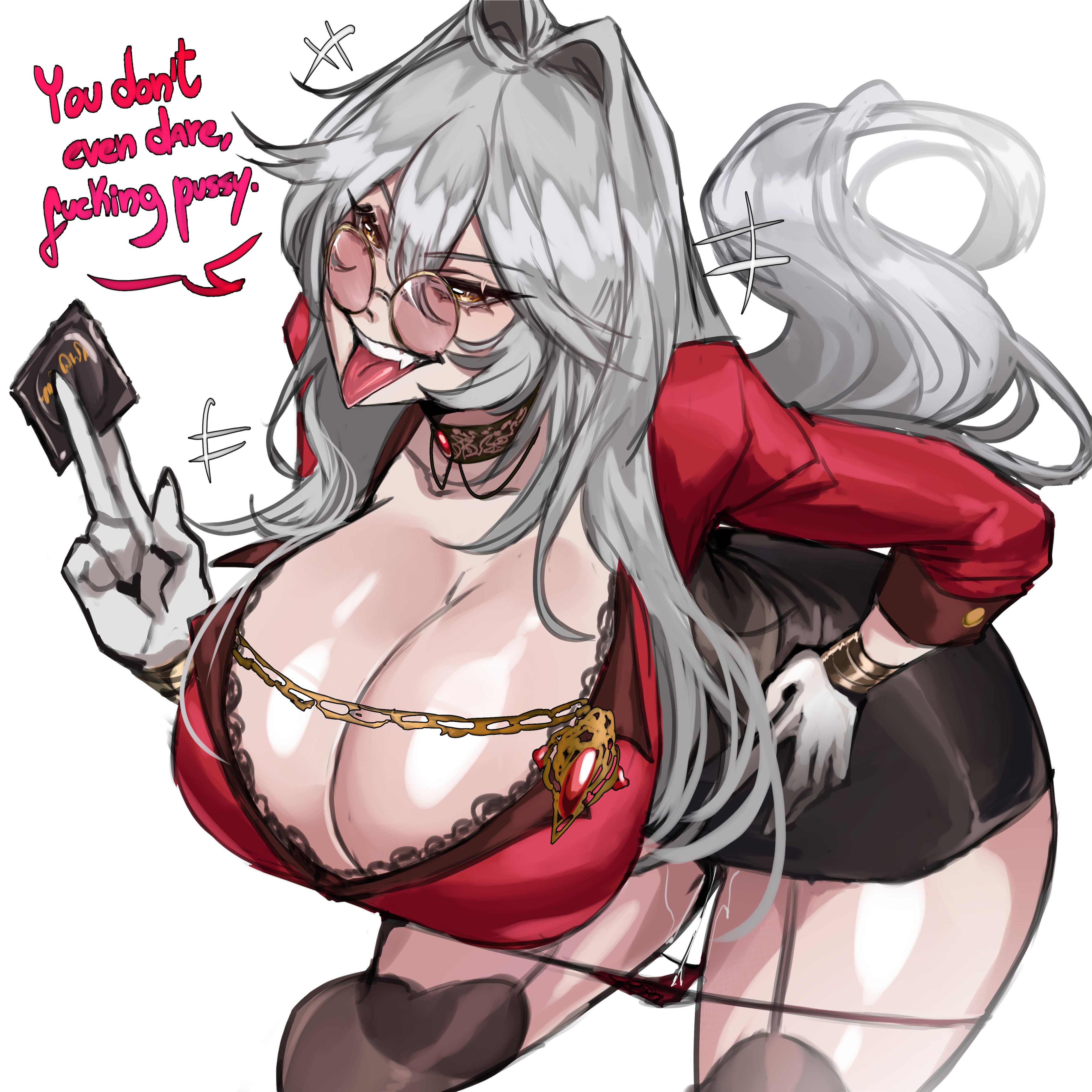 1female, 1girls, 2025, 2d, 2d (artwork), big breasts, breasts, clothed, clothed female, clothing, dialogue, english, english dialogue, english text, female, female only, glasses, huge breasts, solo, solo female, text, tongue, tongue out, virtual youtuber, white hair, wispsings, zentreya, zentreya (cyborg), zentreya (cyborg) (regal)