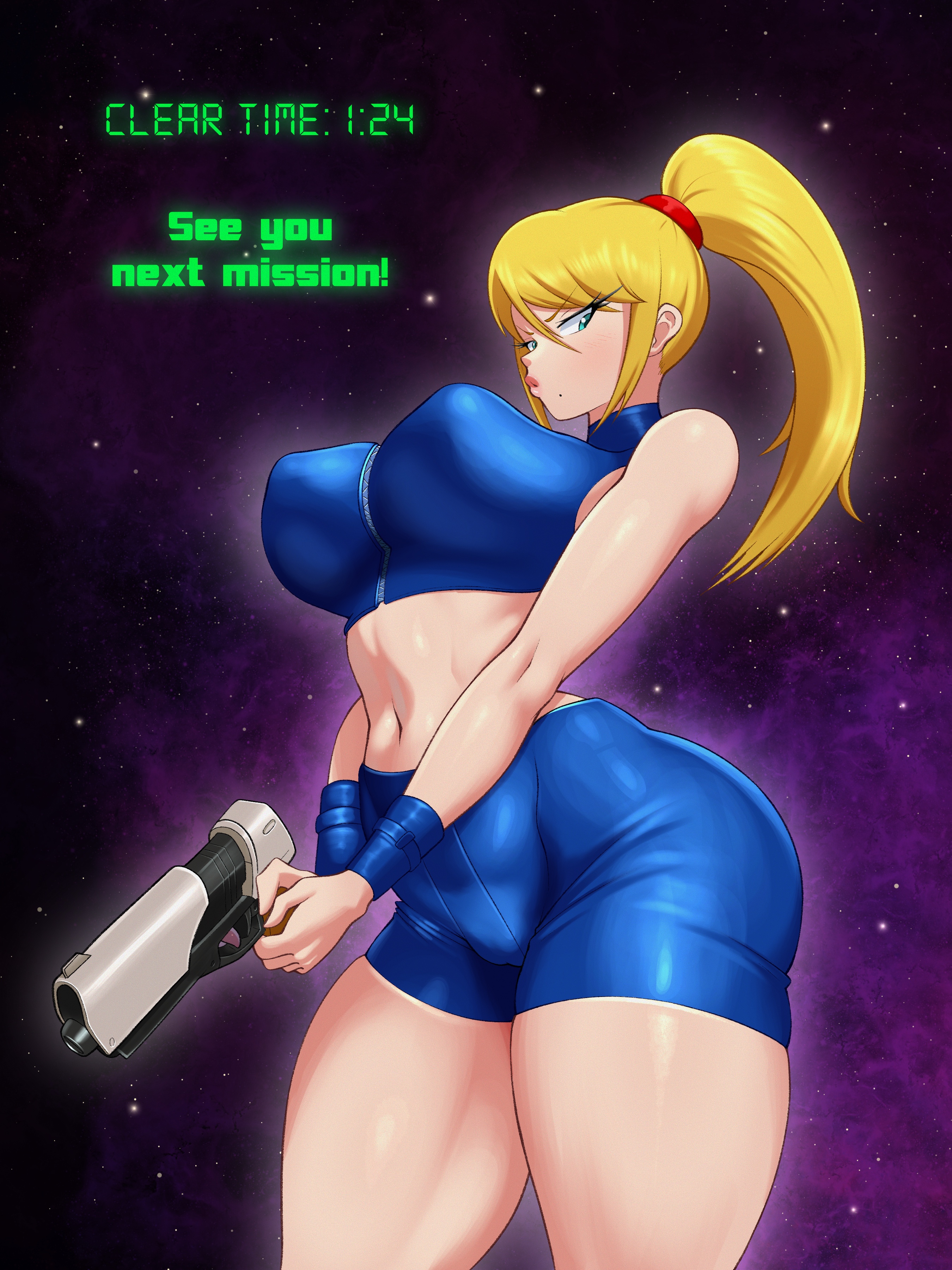 1girls, 2026, alternate version available, areola bulge, background, big breasts, blonde hair, blue eyes, blush, blush lines, blushing, bottomwear, breasts, cameltoe, casual outfit (metroid), clothed, clothing, curvaceous, curvy, curvy figure, detailed background, english, english text, eyebrows visible through hair, eyelashes, female, female only, gun, half-closed eyes, hi res, highres, holding object, holding weapon, large breasts, light skin, light-skinned female, long hair, metroid, metroid fusion, mole, mole under mouth, nintendo, nipple bulge, paralyzer, paralyzer (gun), perky breasts, ponytail, samus aran, shirt, shorts, skindentation, sleepiitreat, sleeveless, sleeveless shirt, solo, solo female, tank top, text, thick hips, thick legs, thick thighs, tight clothing, topwear, video games, voluptuous, weapon, wide hips, zero suit (metroid fusion)